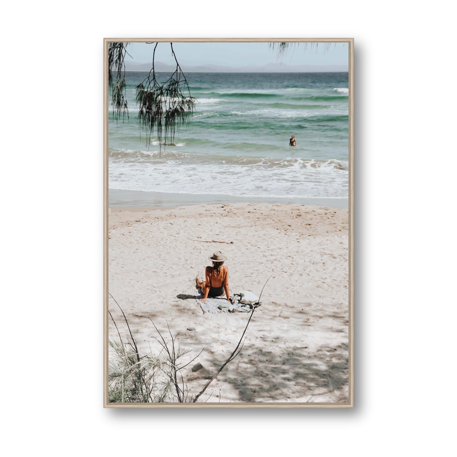 Take It Easy Byron Bay beach coastal decor wall art Statement fine art canvas in natural oak float frame
