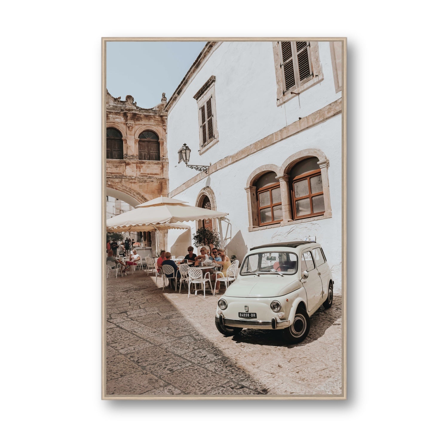 Piazza di Ostuni Puglia Italian wall art Statement fine art canvas in natural oak float frame