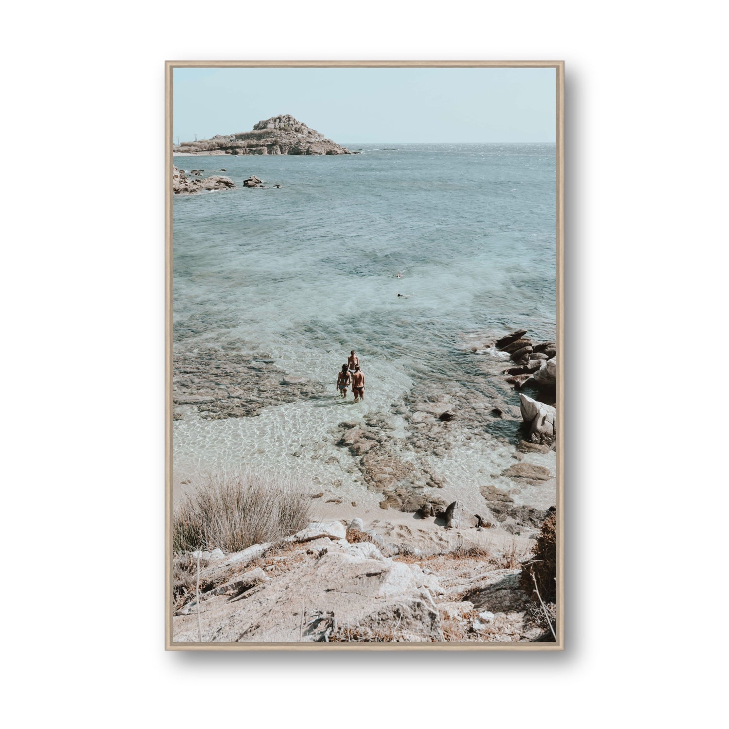Island Life Mykonos coastal Greek island wall art Statement fine art canvas in natural oak float frame