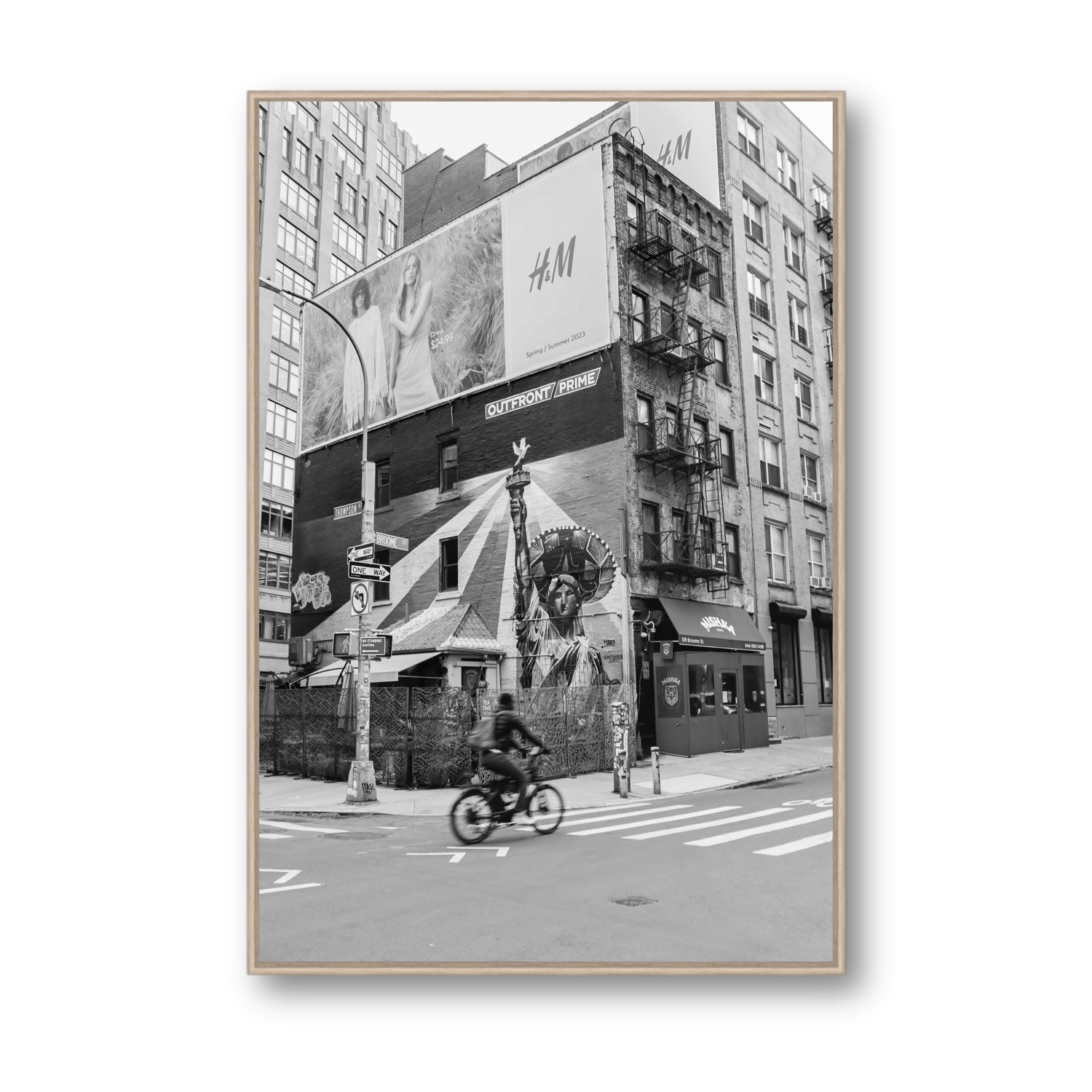 Shadows Of Liberty New York NYC Black & White wall art Statement fine art canvas in natural oak float frame