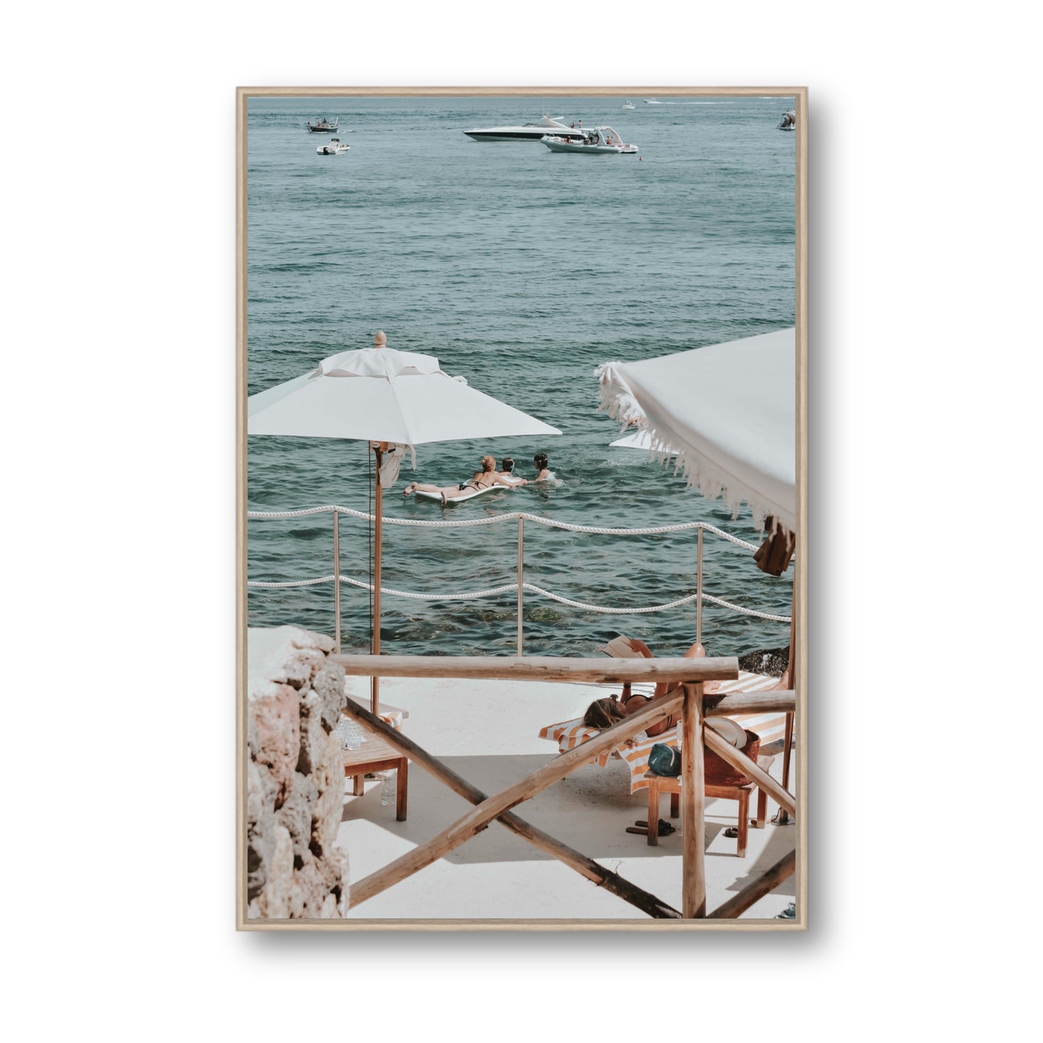 Hideaway Tuscany coastal Mediterranean wall art Statement fine art canvas in natural oak float frame
