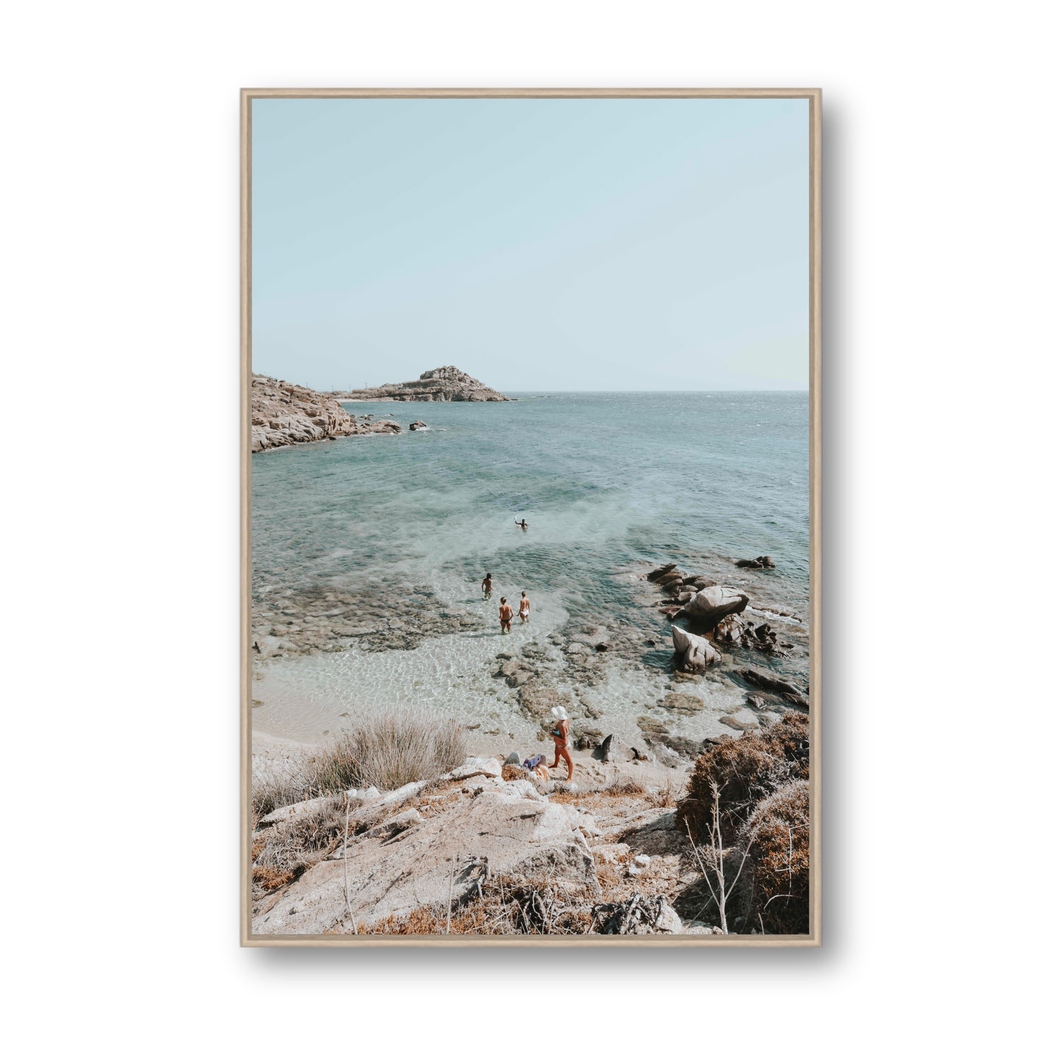 Explorers Mykonos Greek island wall art Statement fine art canvas in natural oak float frame