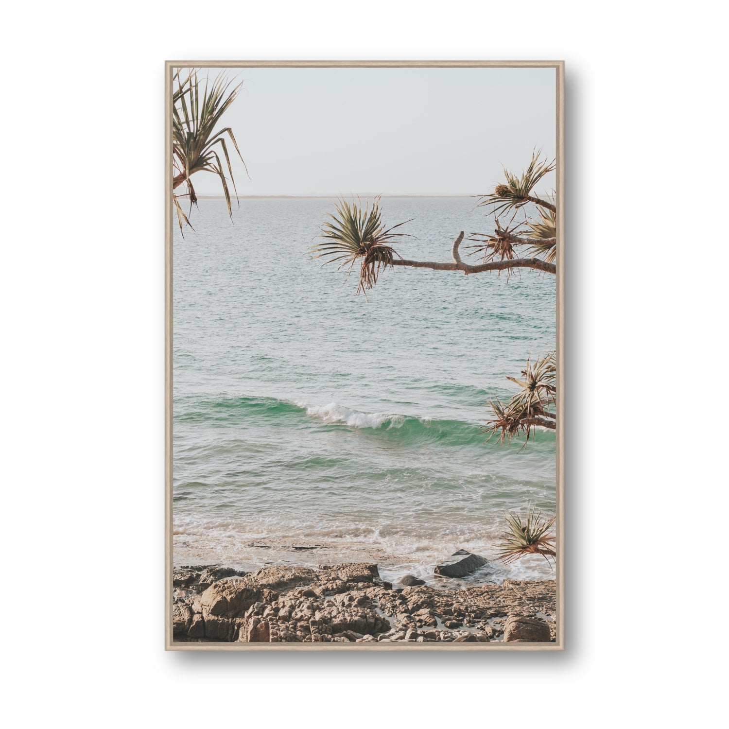 Good Vibrations fine art print, Noosa, Australia, coastal scenes artwork, Statement, Natural Oak Float Frame, Fine Art Canvas