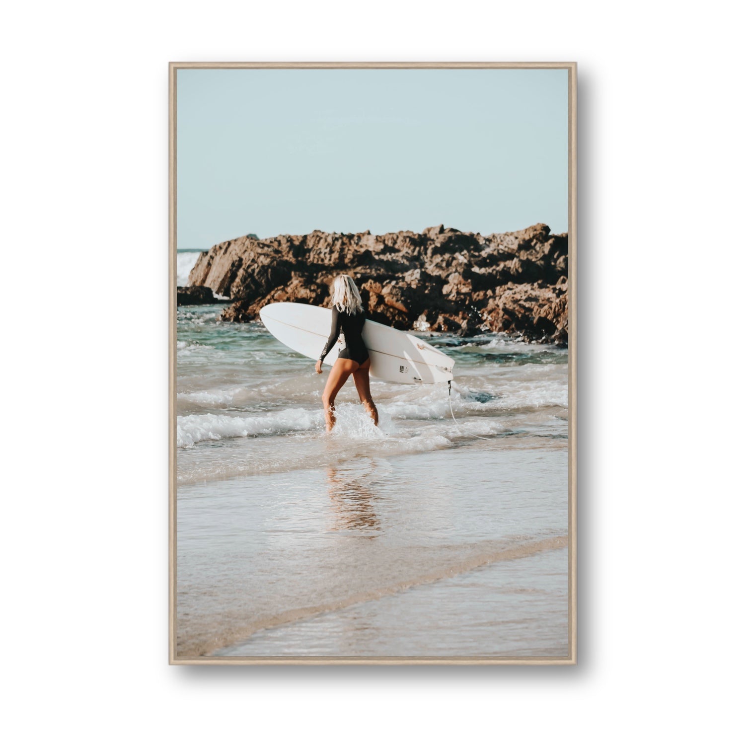 Bethany Byron Bay Surf coastal decor wall art Statement fine art canvas in natural oak float frame