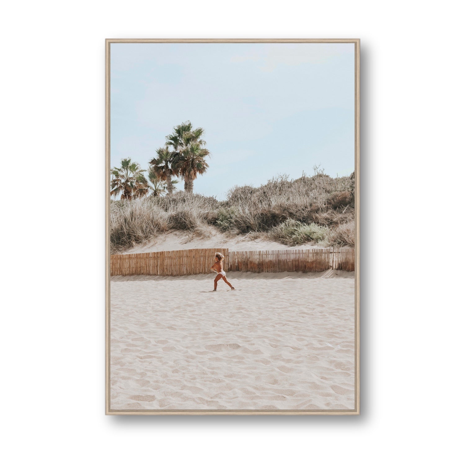 Joyful Sprint Puglia beach coastal fine art print Statement fine art canvas in natural oak float frame