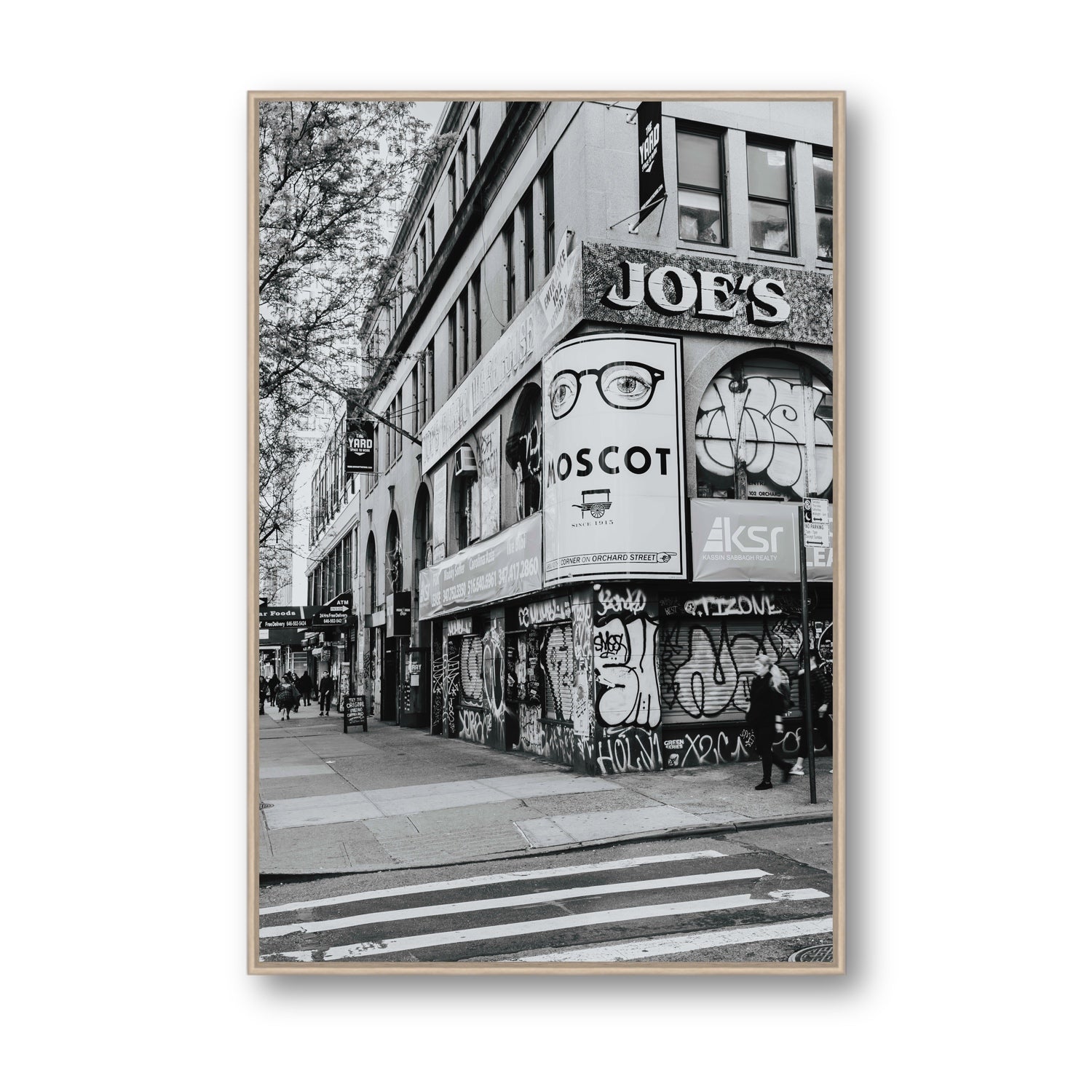 Lower East Side Murals New York NYC Black & White wall art Statement fine art canvas in natural oak float frame