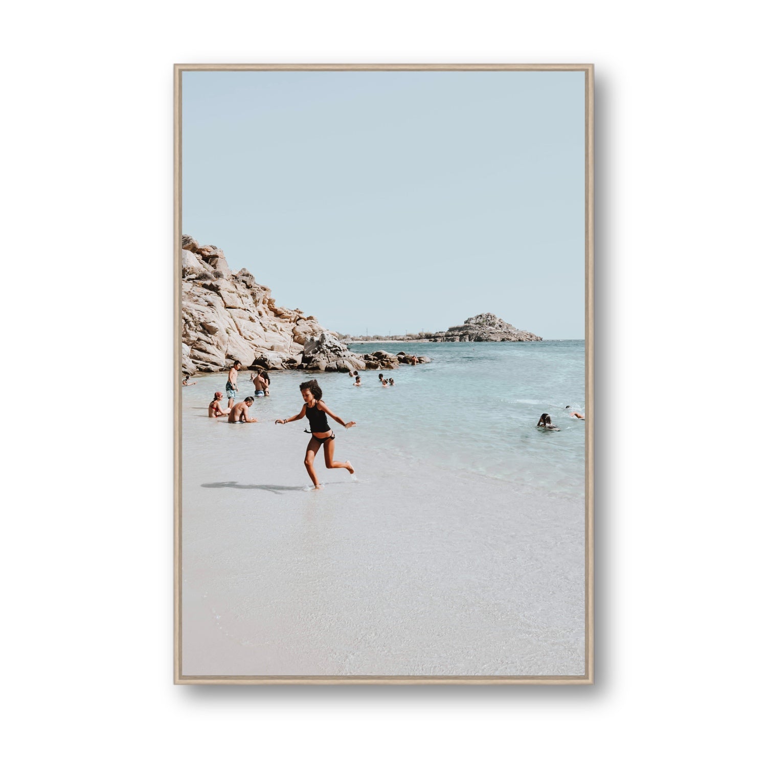Skipping Angel Mykonos Greek island decor wall art Statement fine art canvas in natural oak float frame