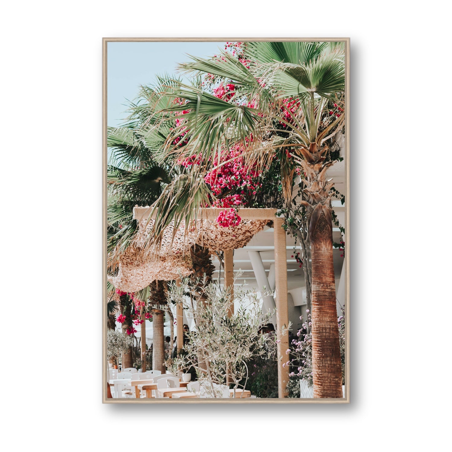 Palm Trees Mykonos Greek island wall art Statement fine art canvas in natural oak float frame