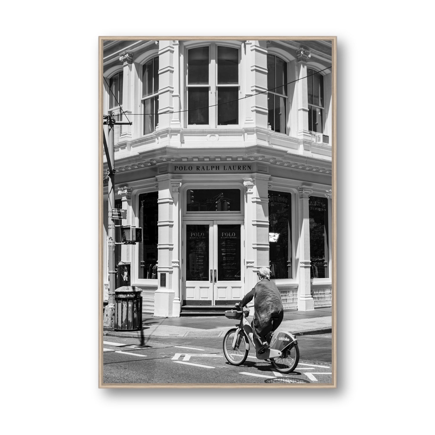 Downtown Rider New York NYC Black & White wall art Statement fine art canvas in natural oak float frame