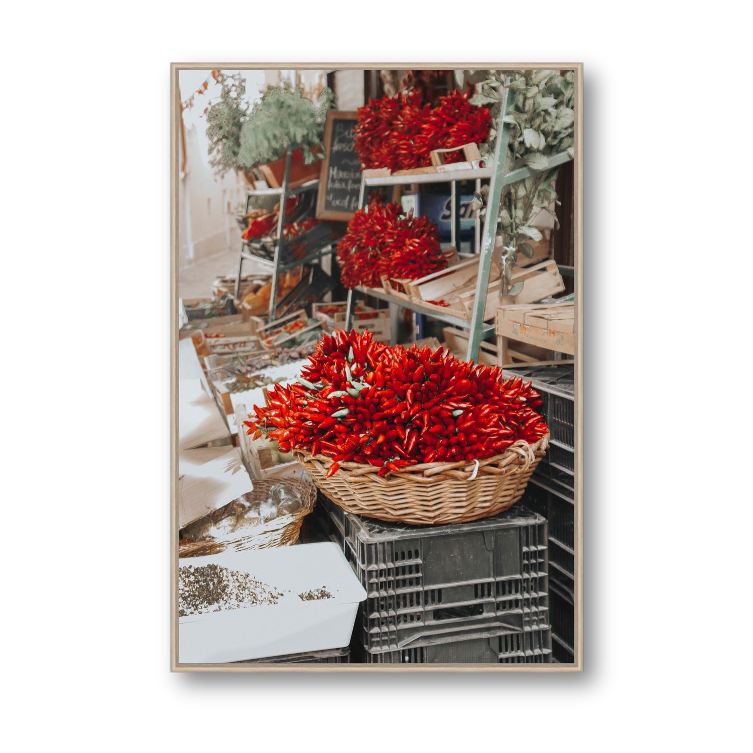 Fiery Cluster Puglia Italian wall art Statement fine art canvas in natural oak float frame