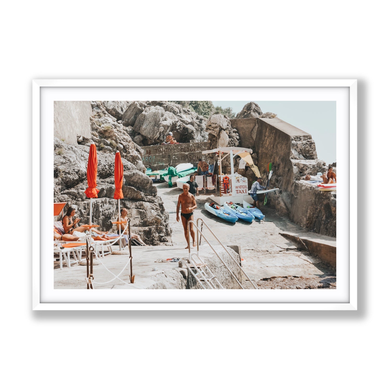 The Local Praiano Amalfi Coast Mediterranean wall art Gallery fine art print in white frame with matboard