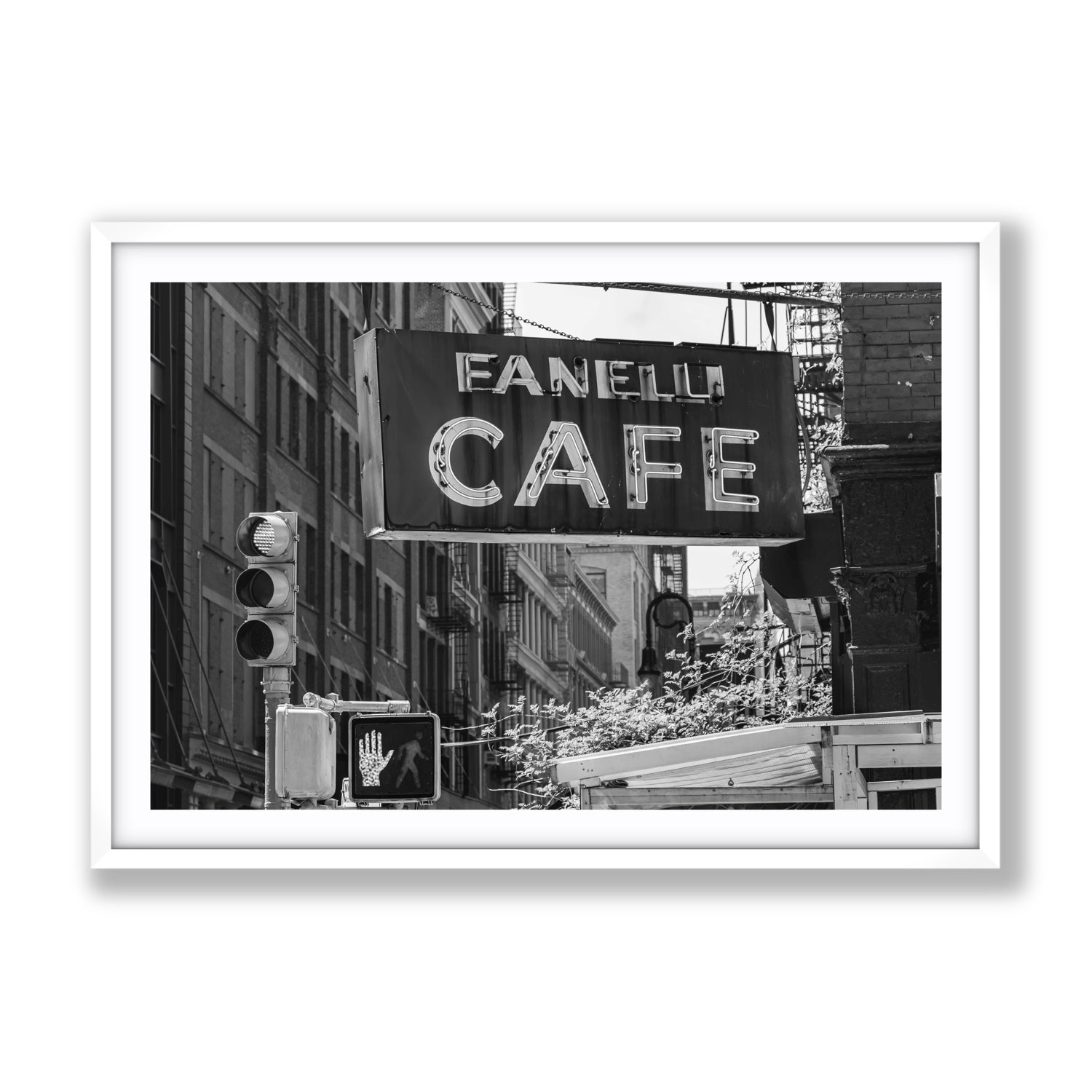 Soho Neon New York NYC Black & White wall art Gallery fine art print in white frame with matboard