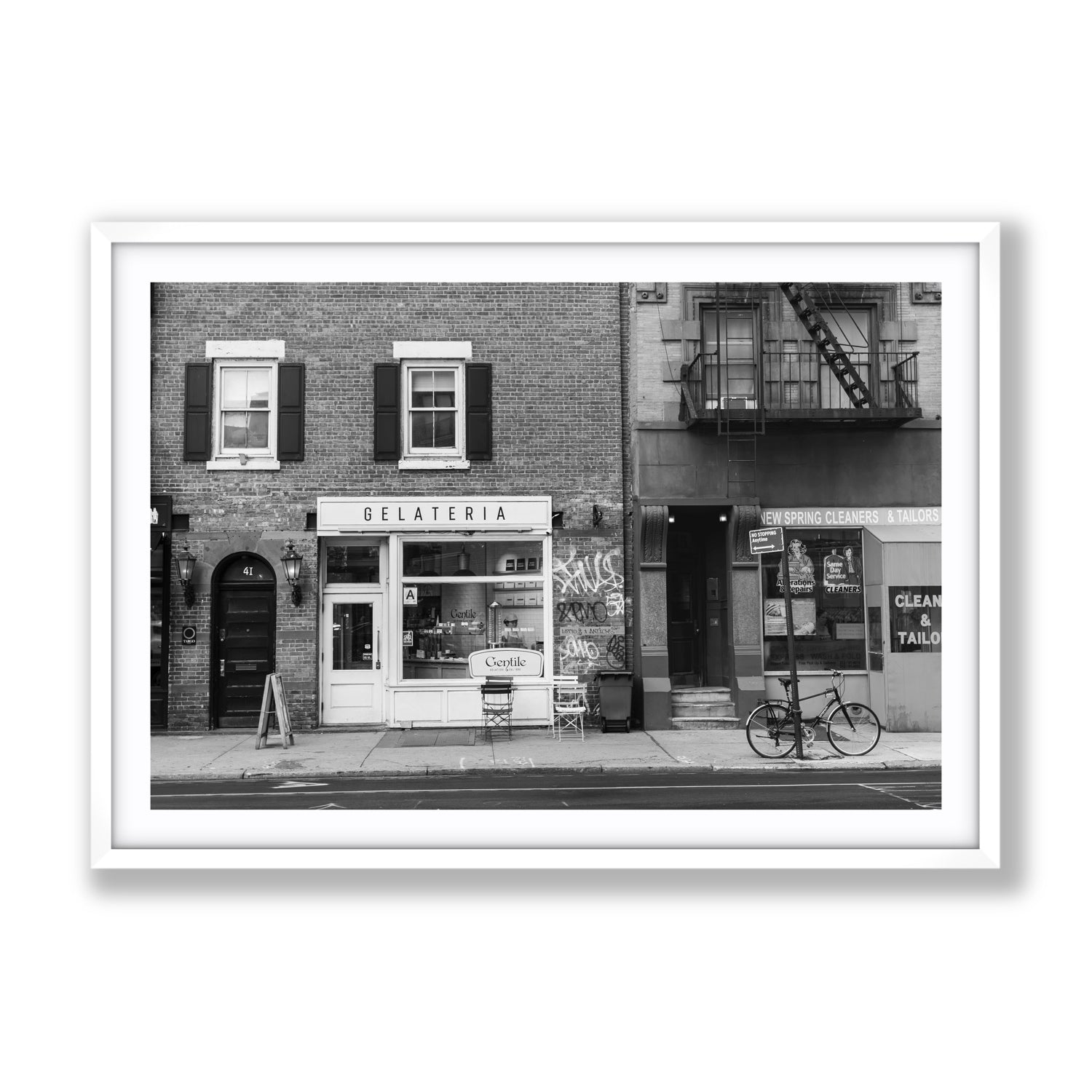 West Village Dolcezza New York NYC Black & White wall art Gallery fine art print in white frame with matboard