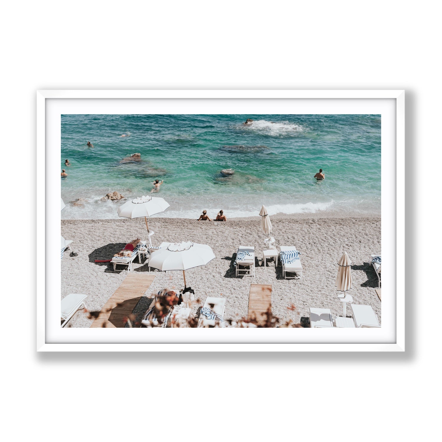 Amicizia Amalfi Italian beach wall art Gallery fine art print in white frame with matboard