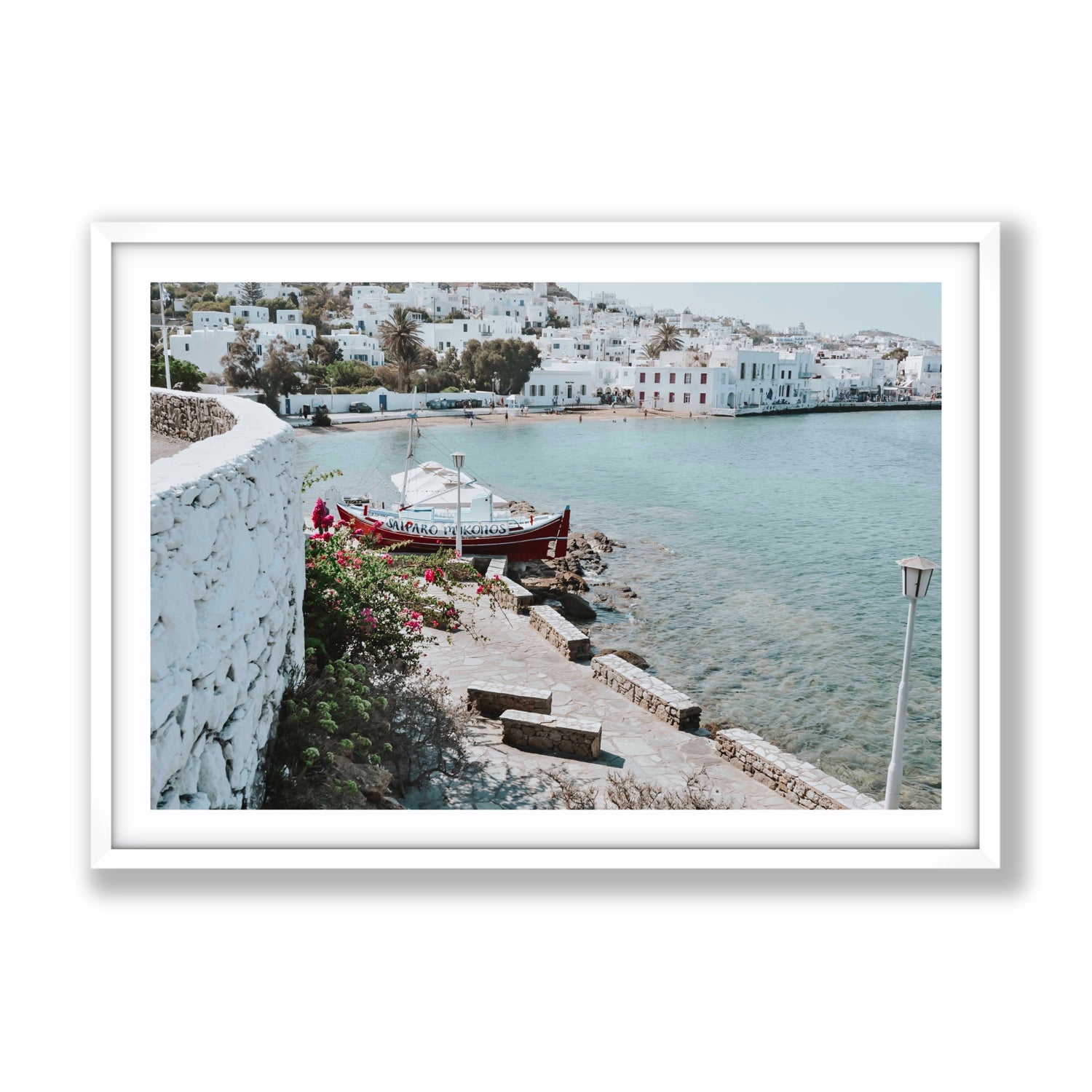 Harika Mykonos Greek island wall art Gallery fine art print in white frame with matboard