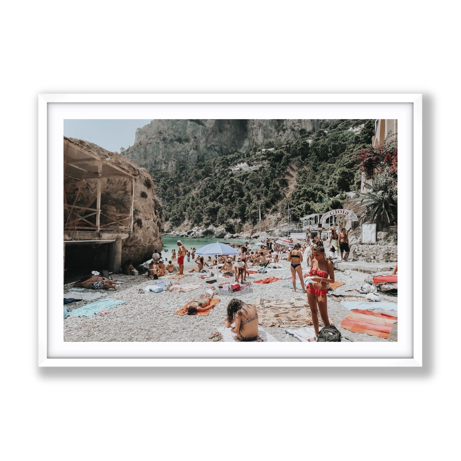 Spiaggia Da Gioia Capri beach coastal wall art Gallery fine art print in white frame with matboard