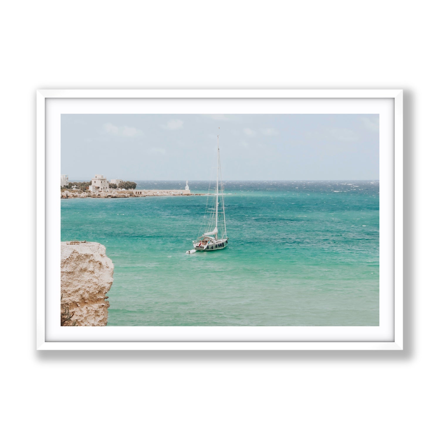 Adriatic Escape Puglia Italian coastal decor wall art Gallery fine art print in white frame with matboard
