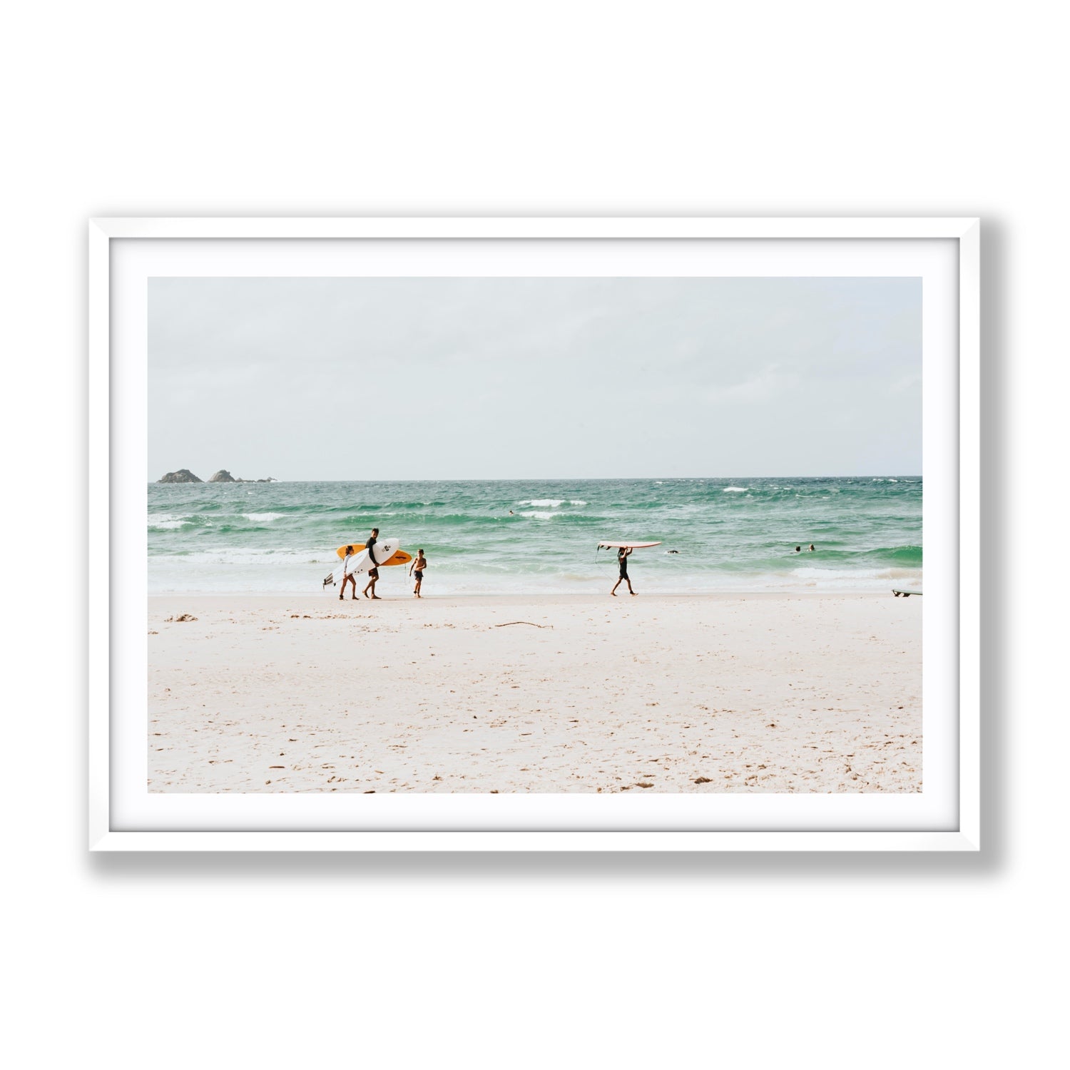 La Famiglia Byron Bay Family Surf coastal wall art Gallery fine art print in white frame with matboard