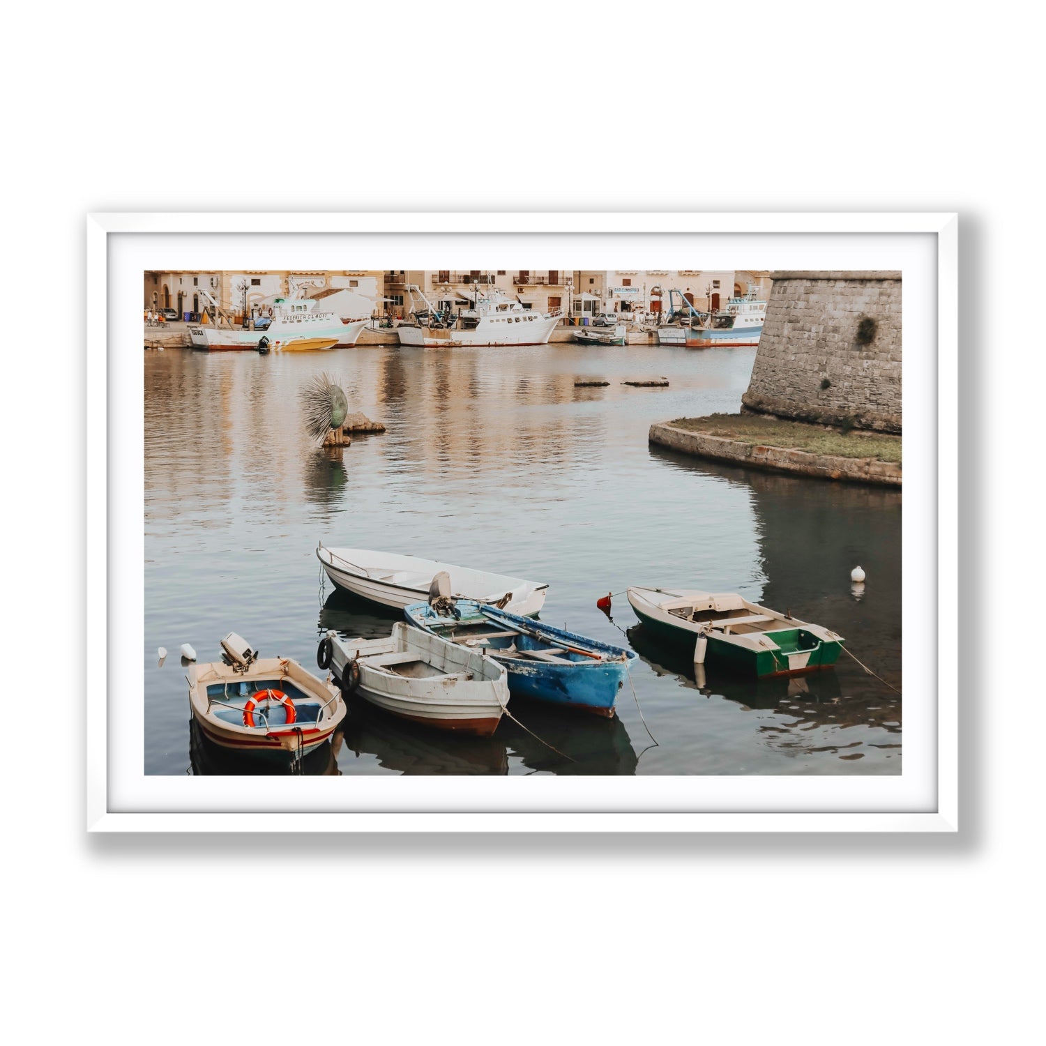 Cinque Barche Puglia Gallipoli Italian art print Gallery fine art print in white frame with matboard