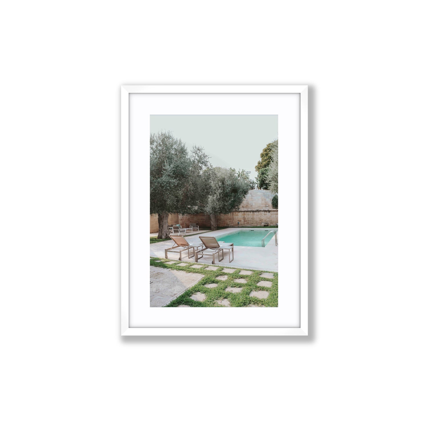 Olive Oasis Puglia Mediterranean wall art Medium fine art print in white frame with matboard
