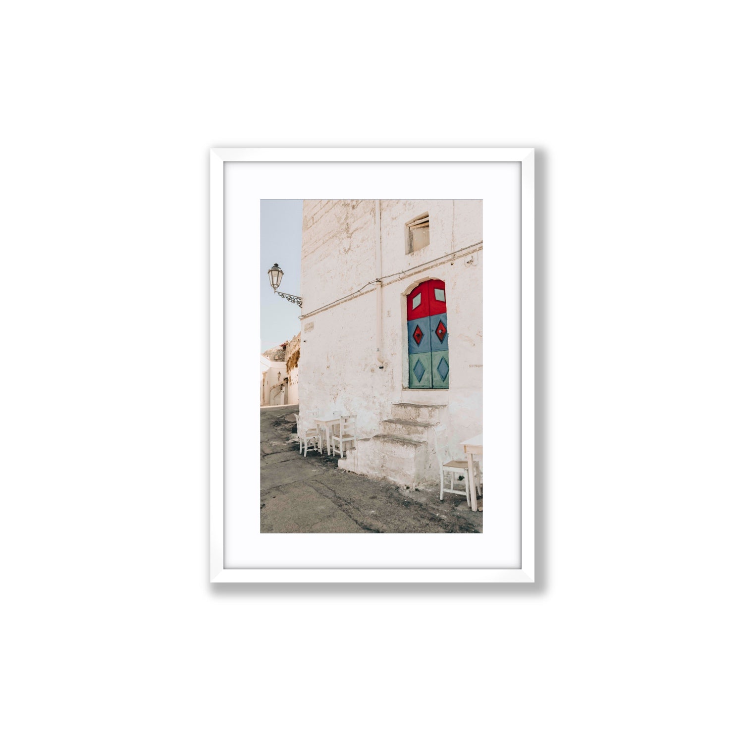 Doorway Delight Puglia Ostuni wall art Medium fine art print in white frame with matboard