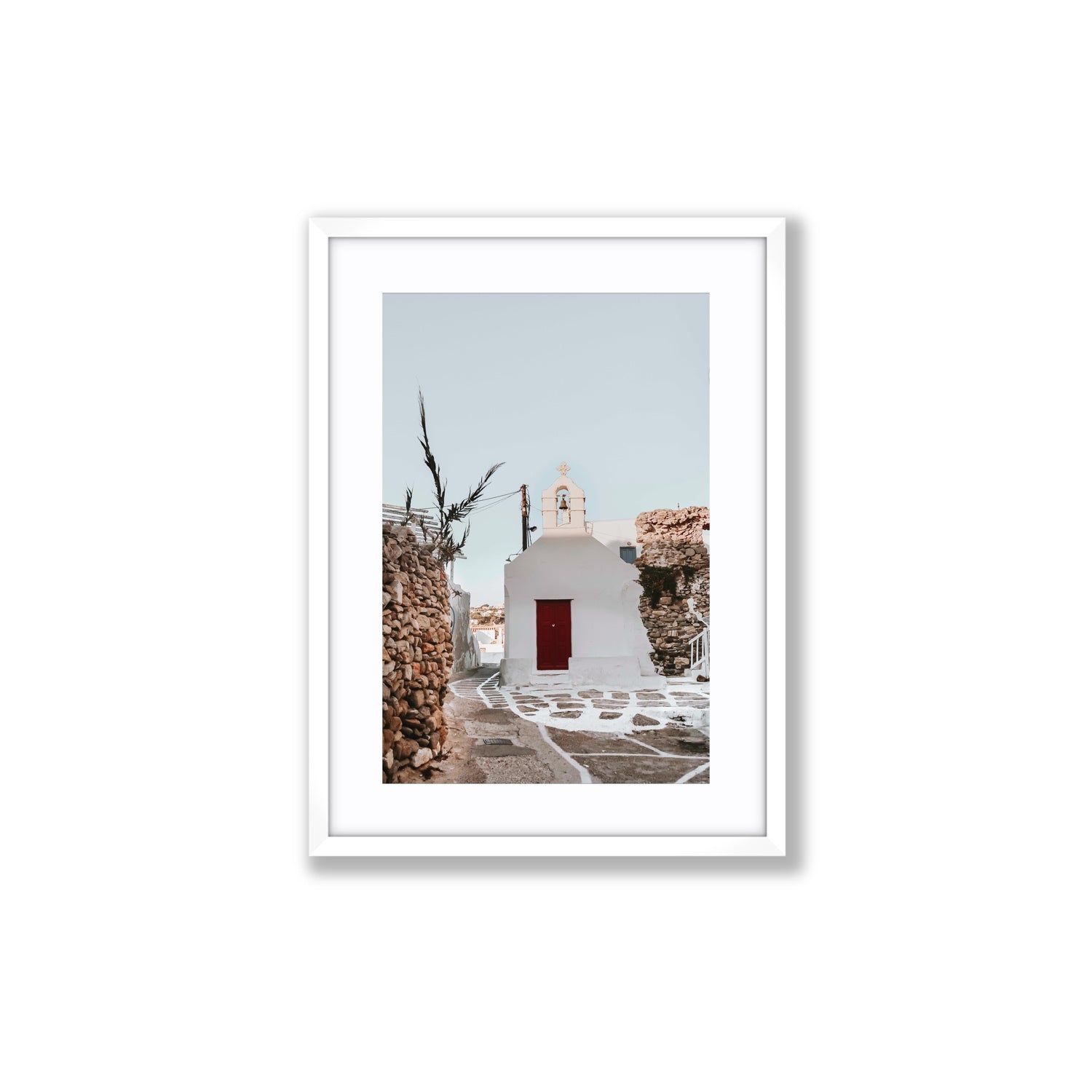 Little Chapel Mykonos Greek island wall art Medium fine art print in white frame with matboard