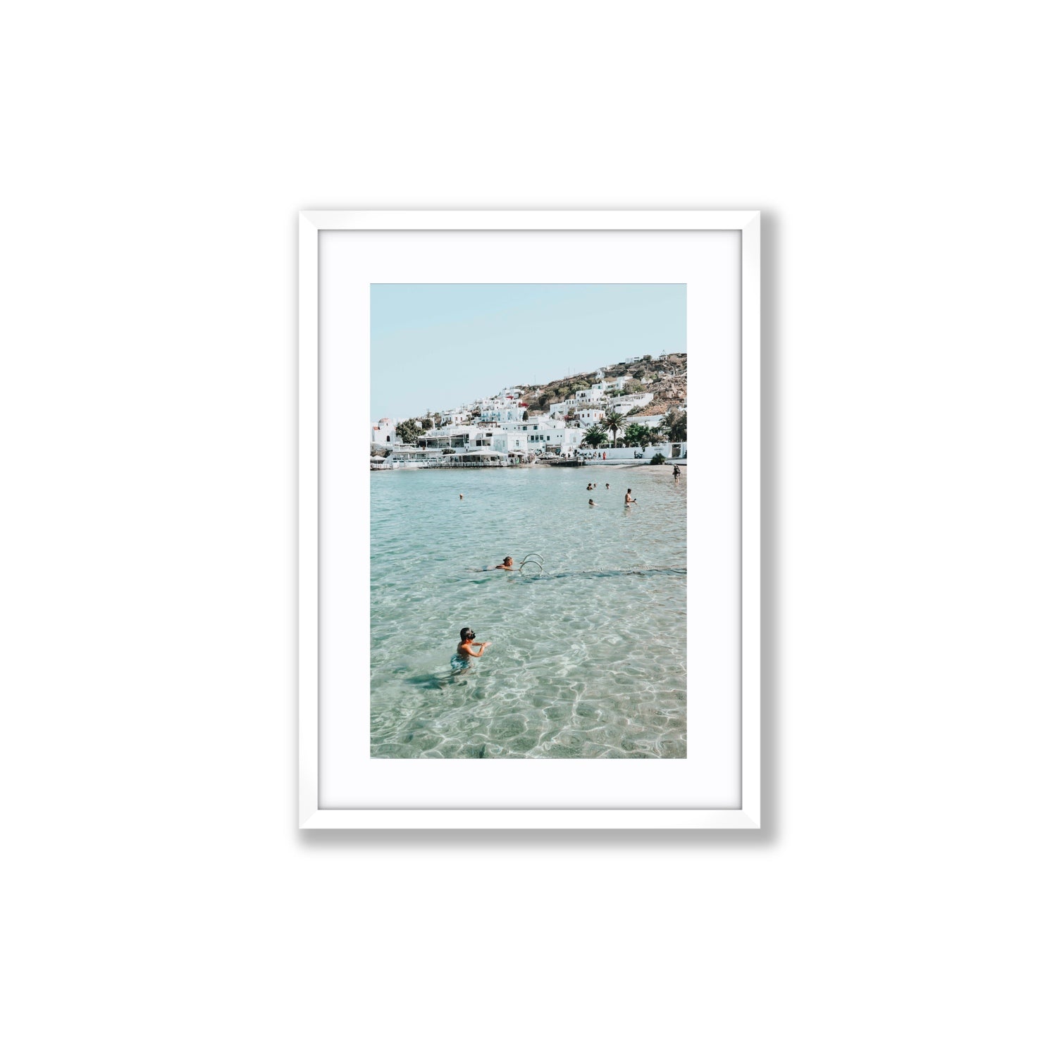 Beside The Seaside Mykonos beach Greek island wall art Medium fine art print in white frame with matboard