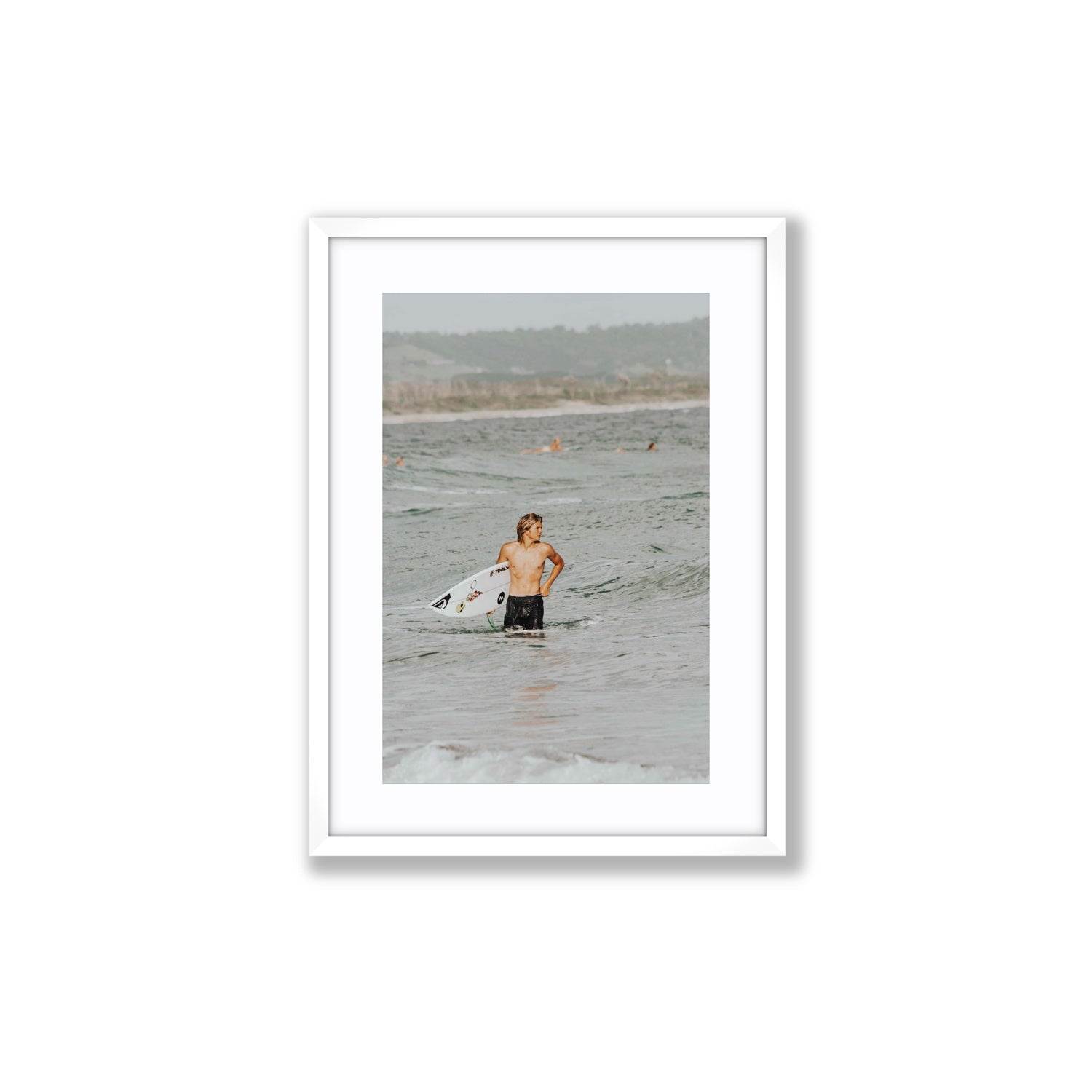 Chasing Mavericks Byron Bay Surf coastal wall art Medium fine art print in white frame with matboard
