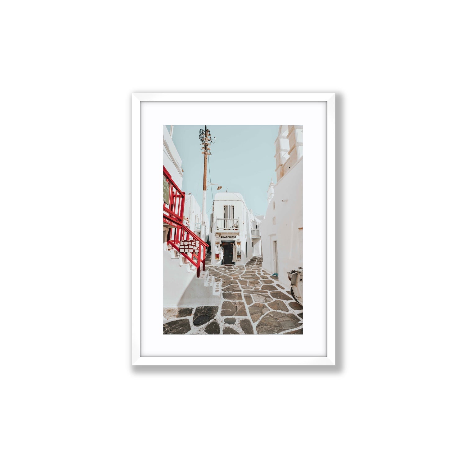 Happiness Mykonos Greek island wall art Medium fine art print in white frame with matboard