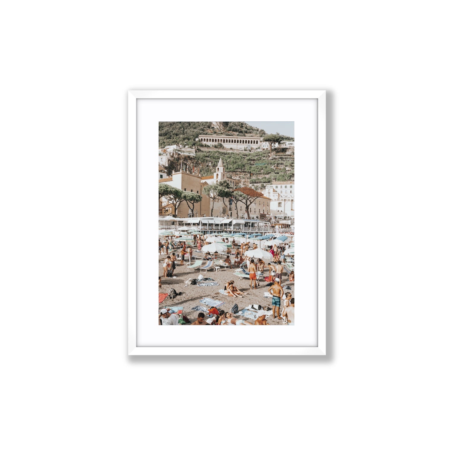 Festa In Spiaggia Amalfi coastal wall art Medium fine art print in white frame with matboard