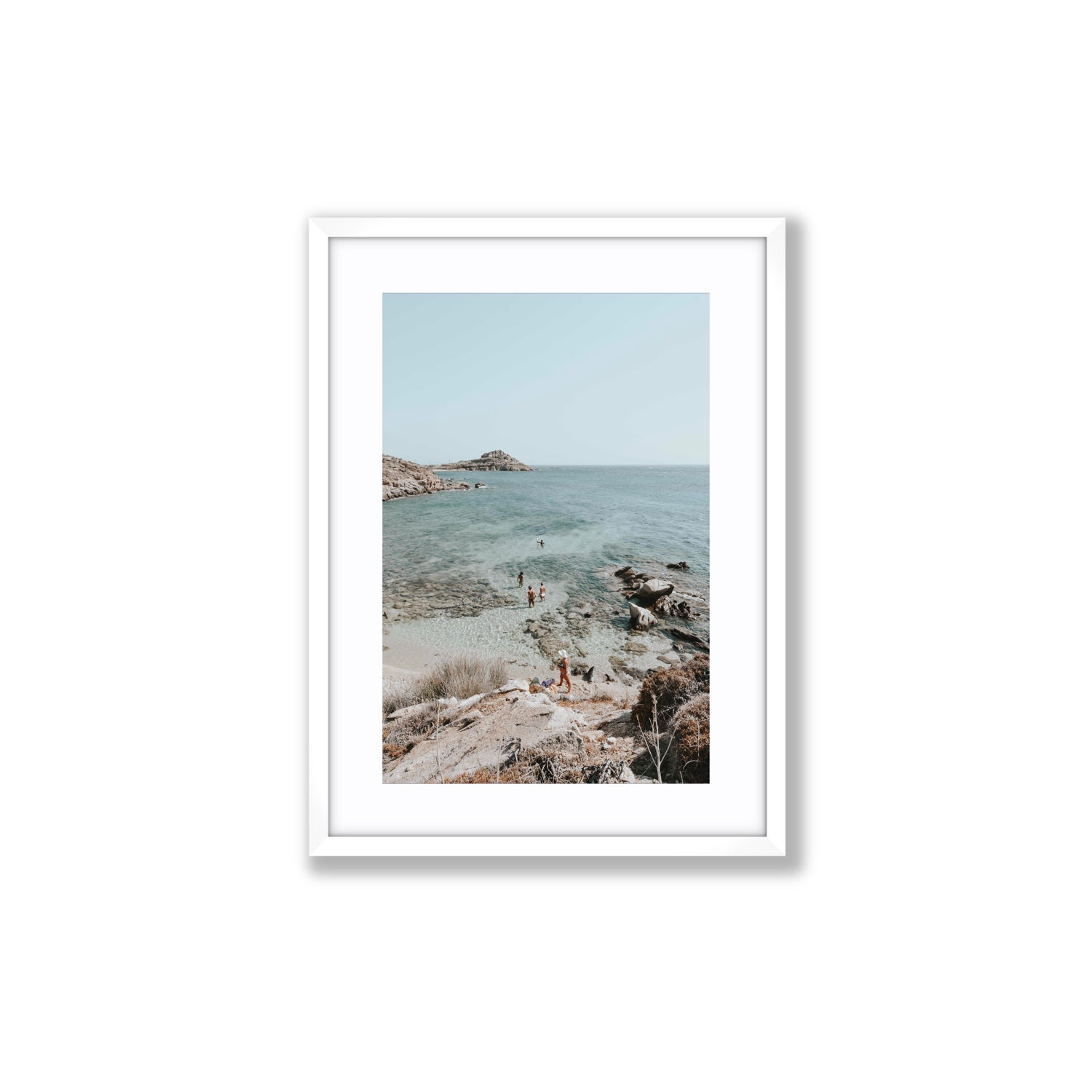 Explorers Mykonos Greek island wall art Medium fine art print in white frame with matboard