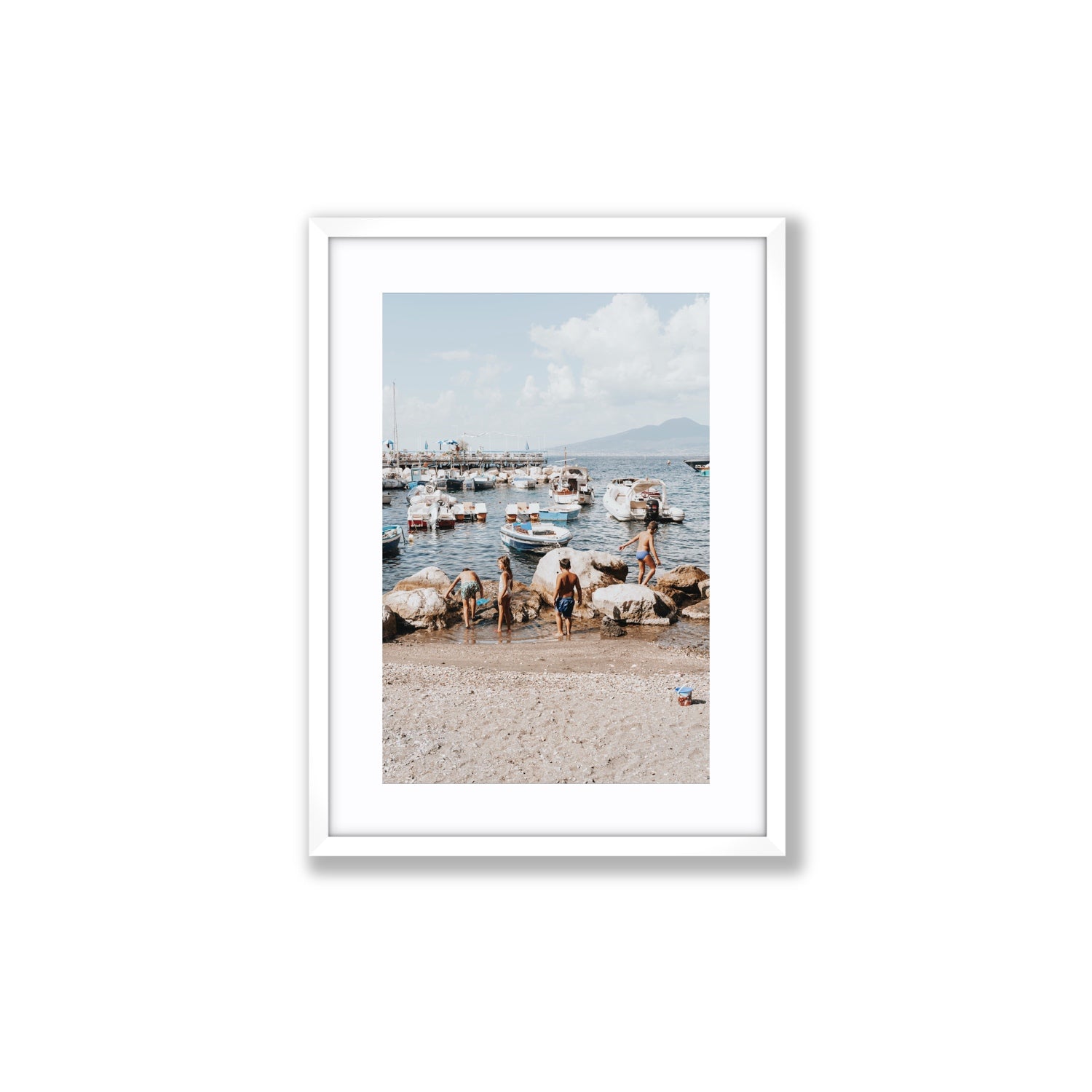 Searching For Treasures Sorrento coastal wall art Medium fine art print in white frame with matboard