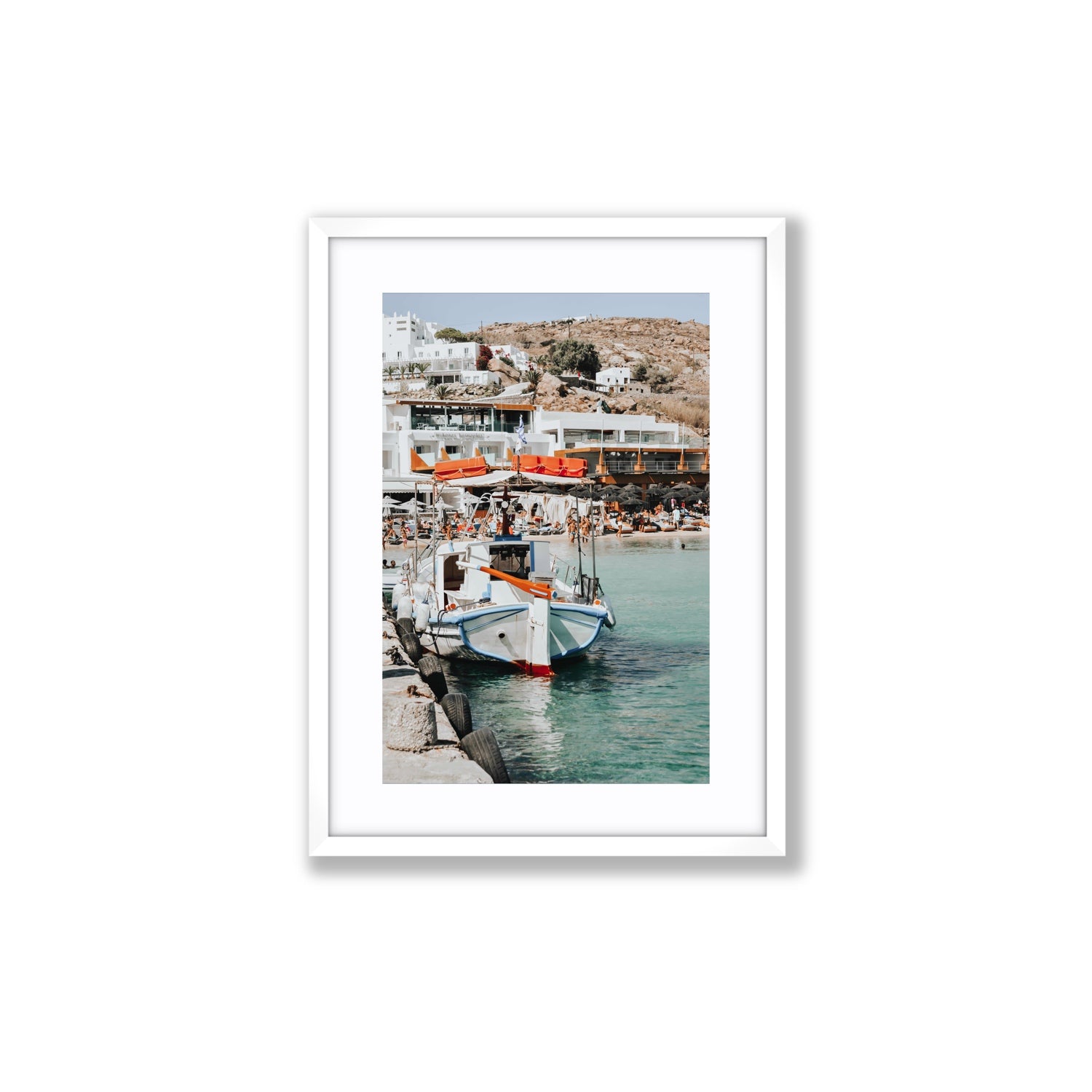 Travel In Style Mykonos Greek island wall art Medium fine art print in white frame with matboard