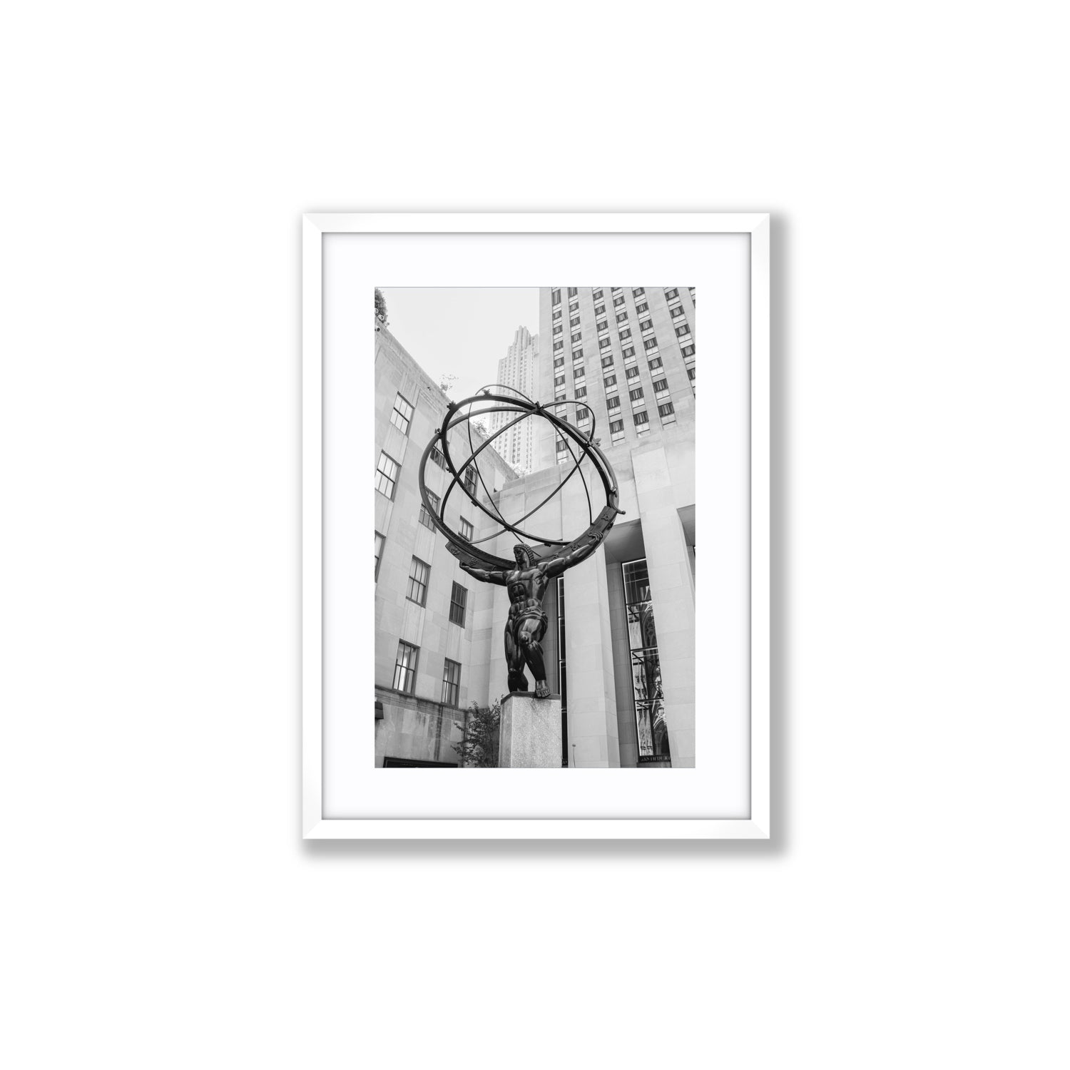 Atlas Ascends New York NYC Black & White wall art Medium fine art print in white frame with matboard