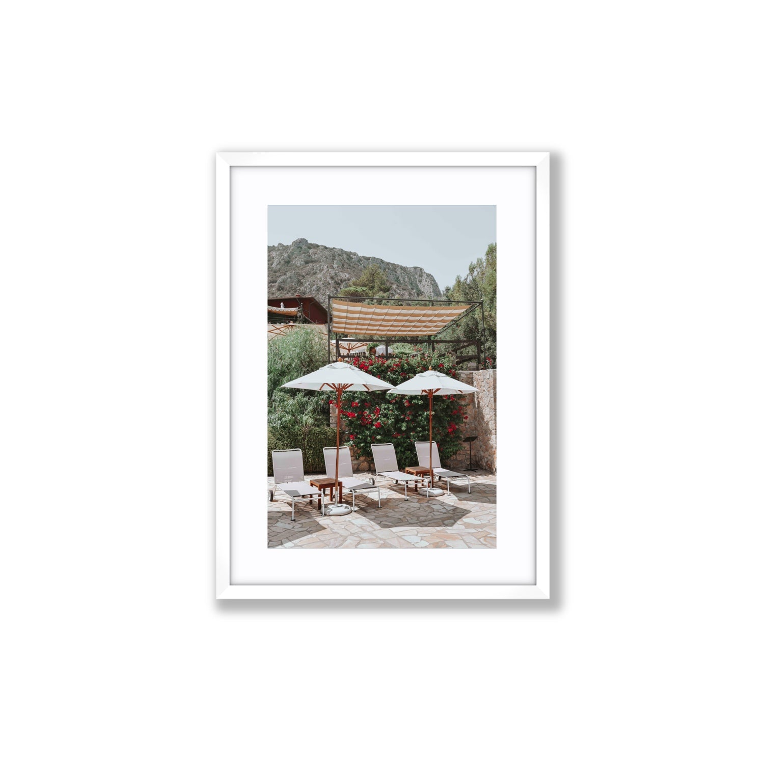 Shades of Leisure Tuscany coastal Italian wall art Medium fine art print in white frame with matboard