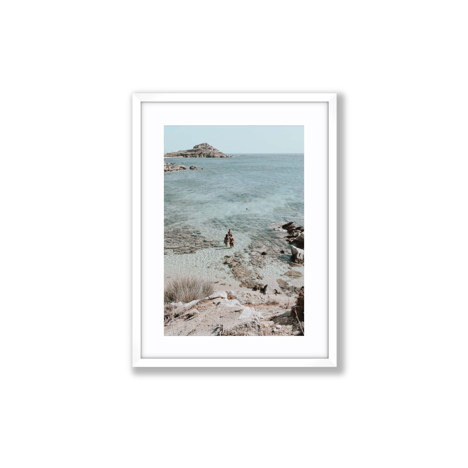 Island Life Mykonos coastal Greek island wall art Medium fine art print in white frame with matboard