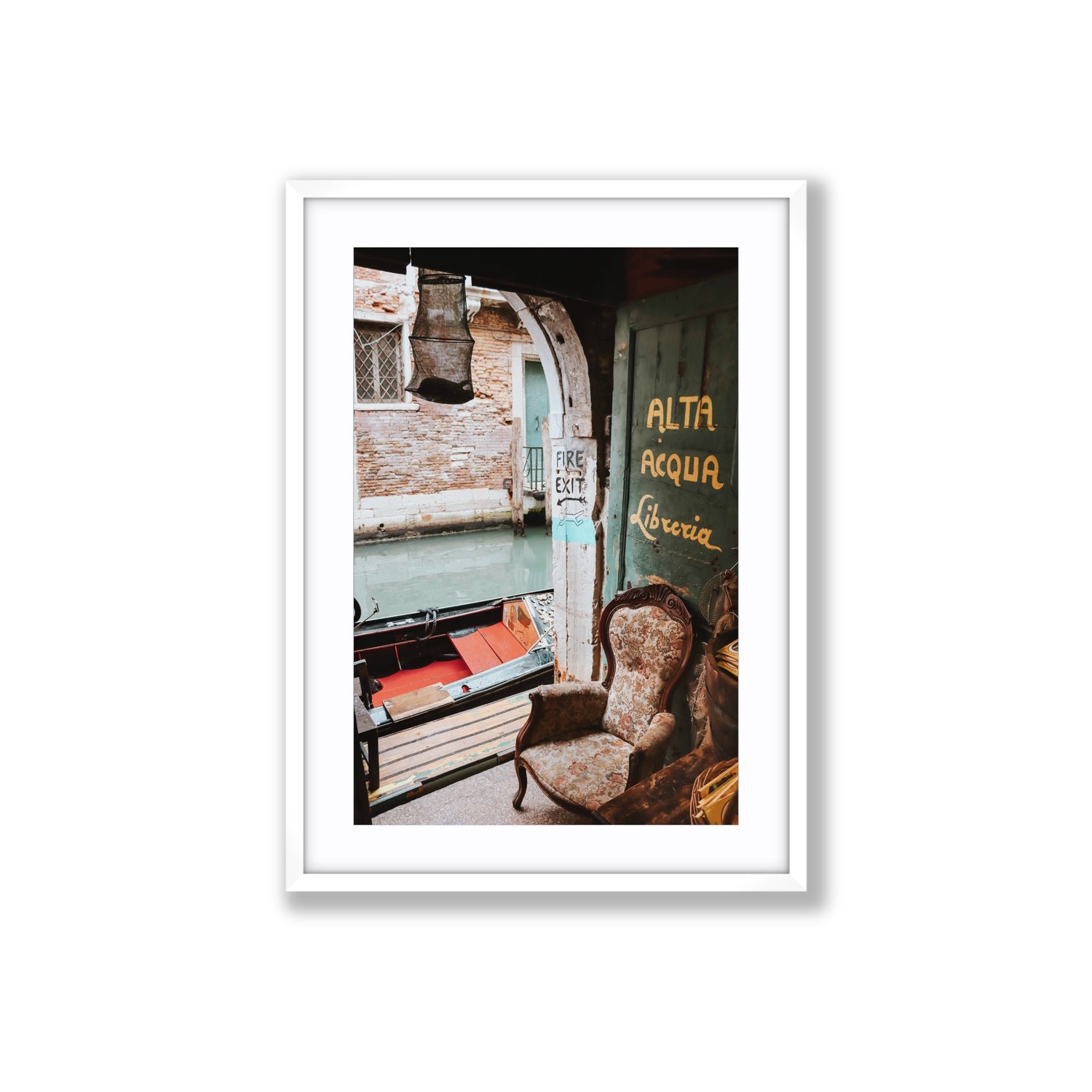 Alta Acqua Venice Bookstore wall art Large fine art print in white frame with matboard
