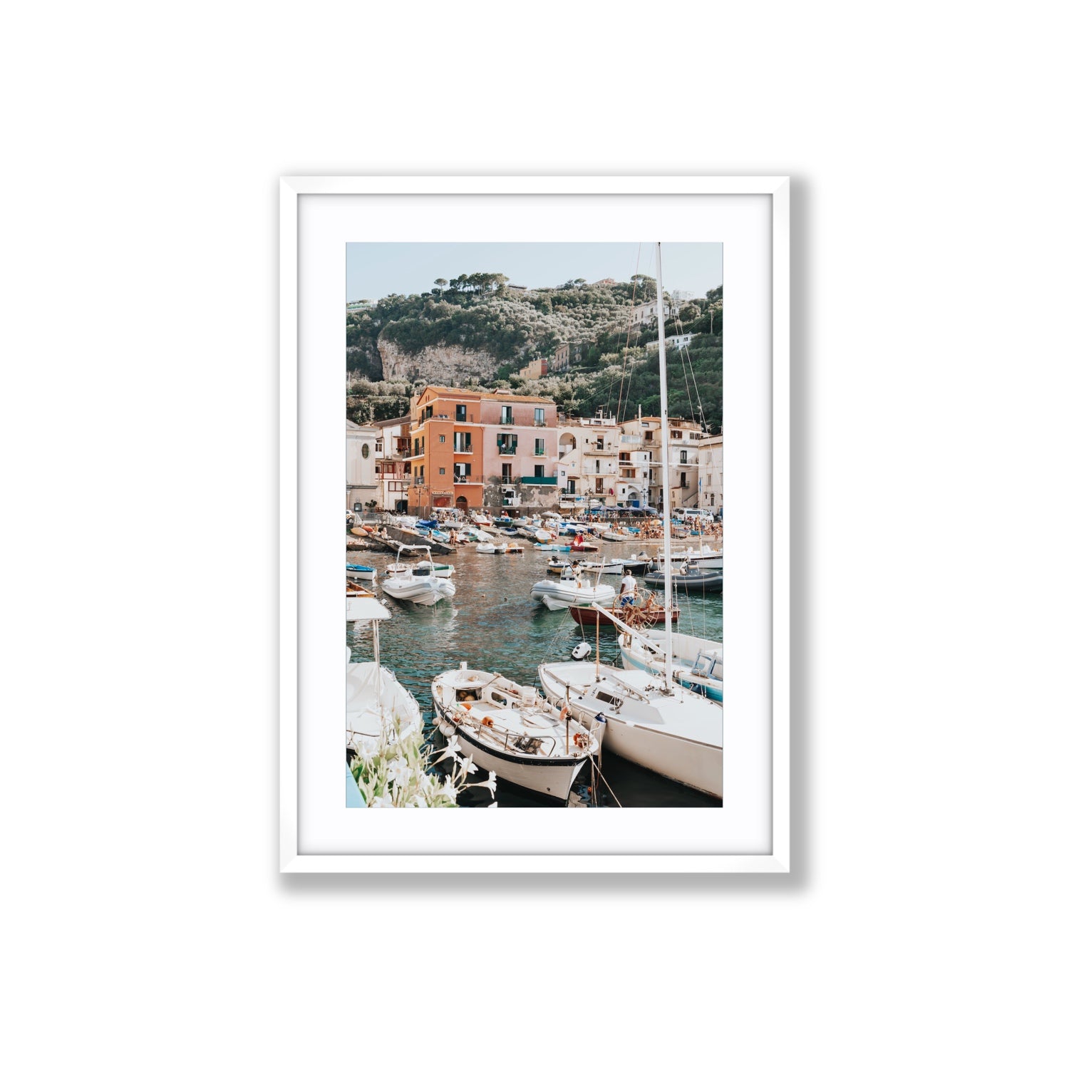 Marina Grande Sorrento coastal Italian wall art Large fine art print in white frame with matboard