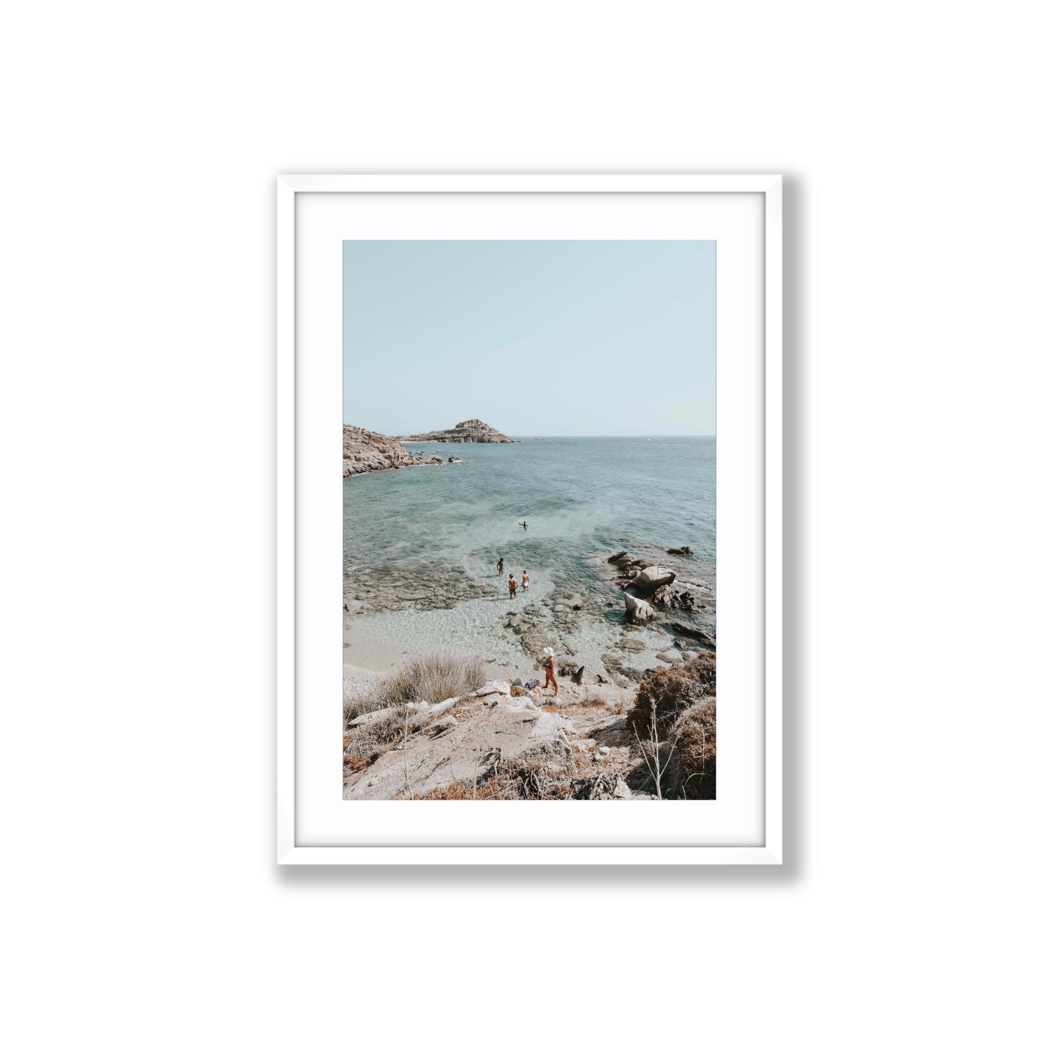 Explorers Mykonos Greek island wall art Large fine art print in white frame with matboard