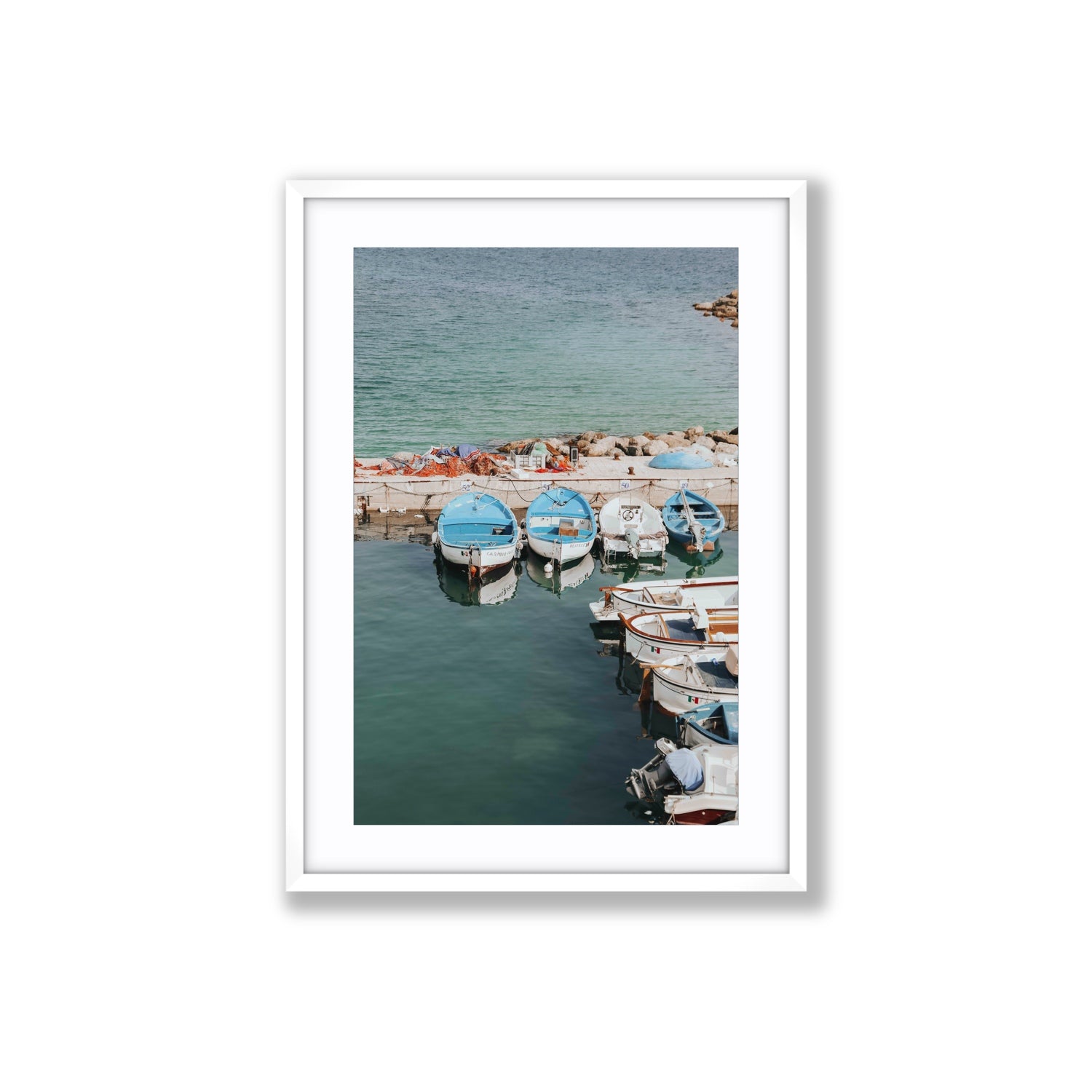 Maritime Memories Puglia Harbour Reflections coastal wall art Large fine art print in white frame with matboard