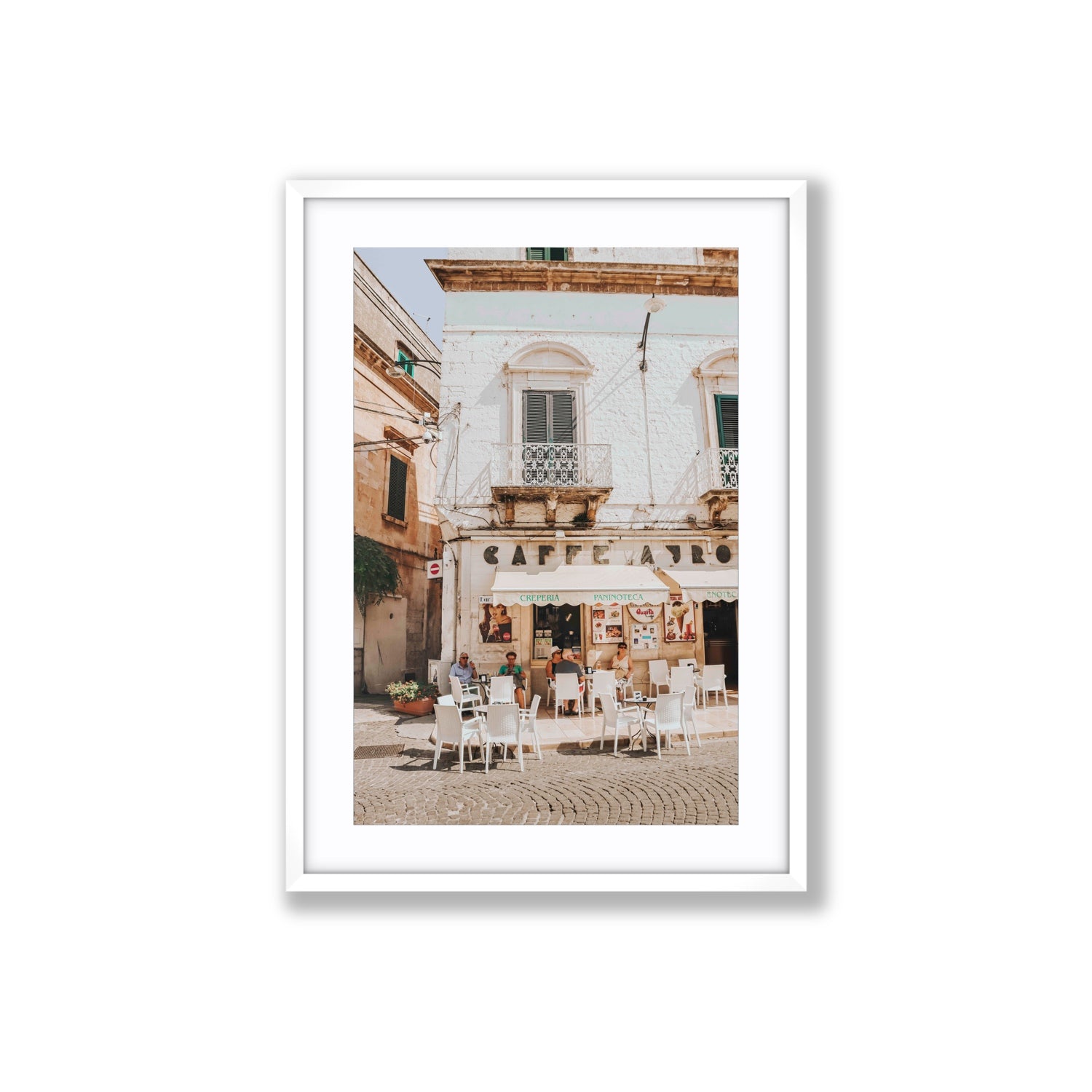 Cafe Ostuni Puglia Café Ostuni Italian wall art Large fine art print in white frame with matboard