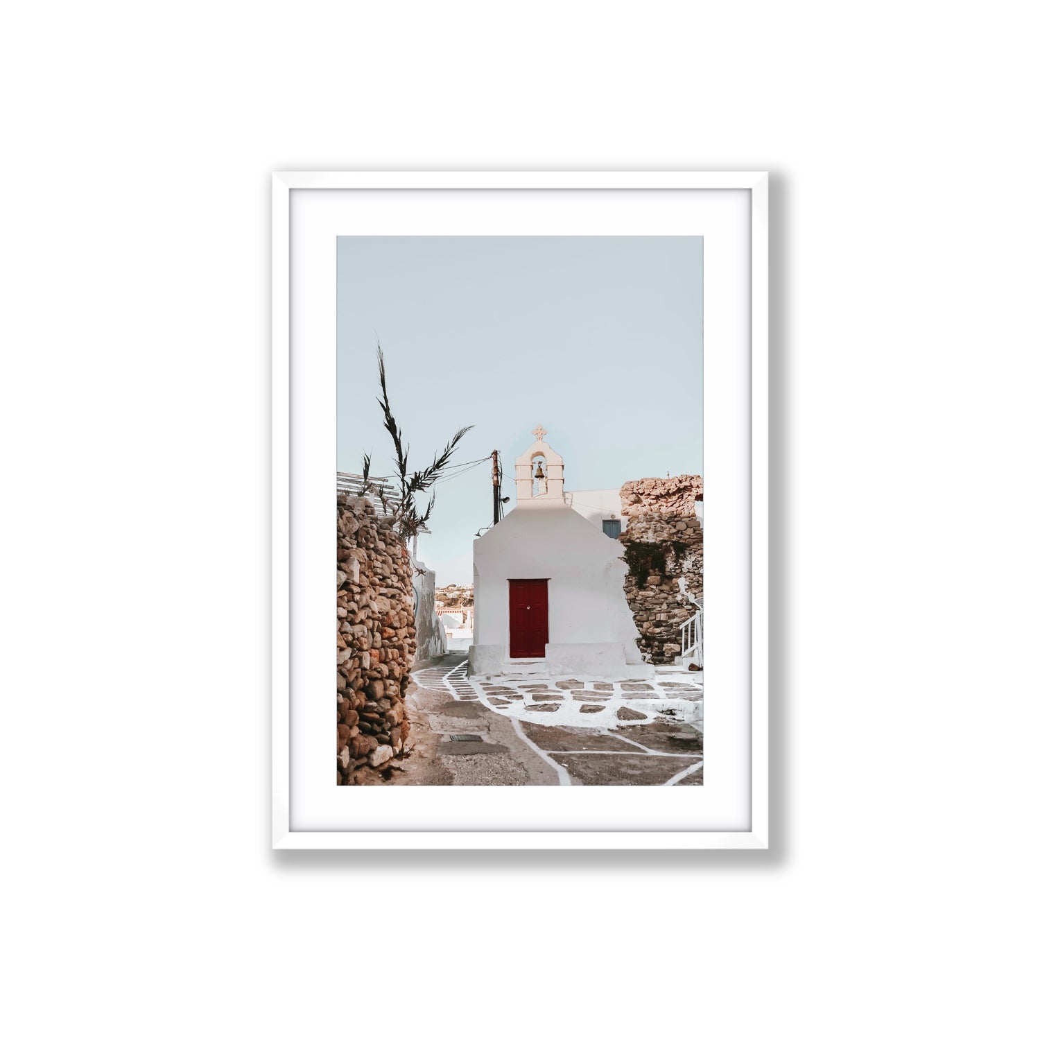Little Chapel Mykonos Greek island wall art Large fine art print in white frame with matboard