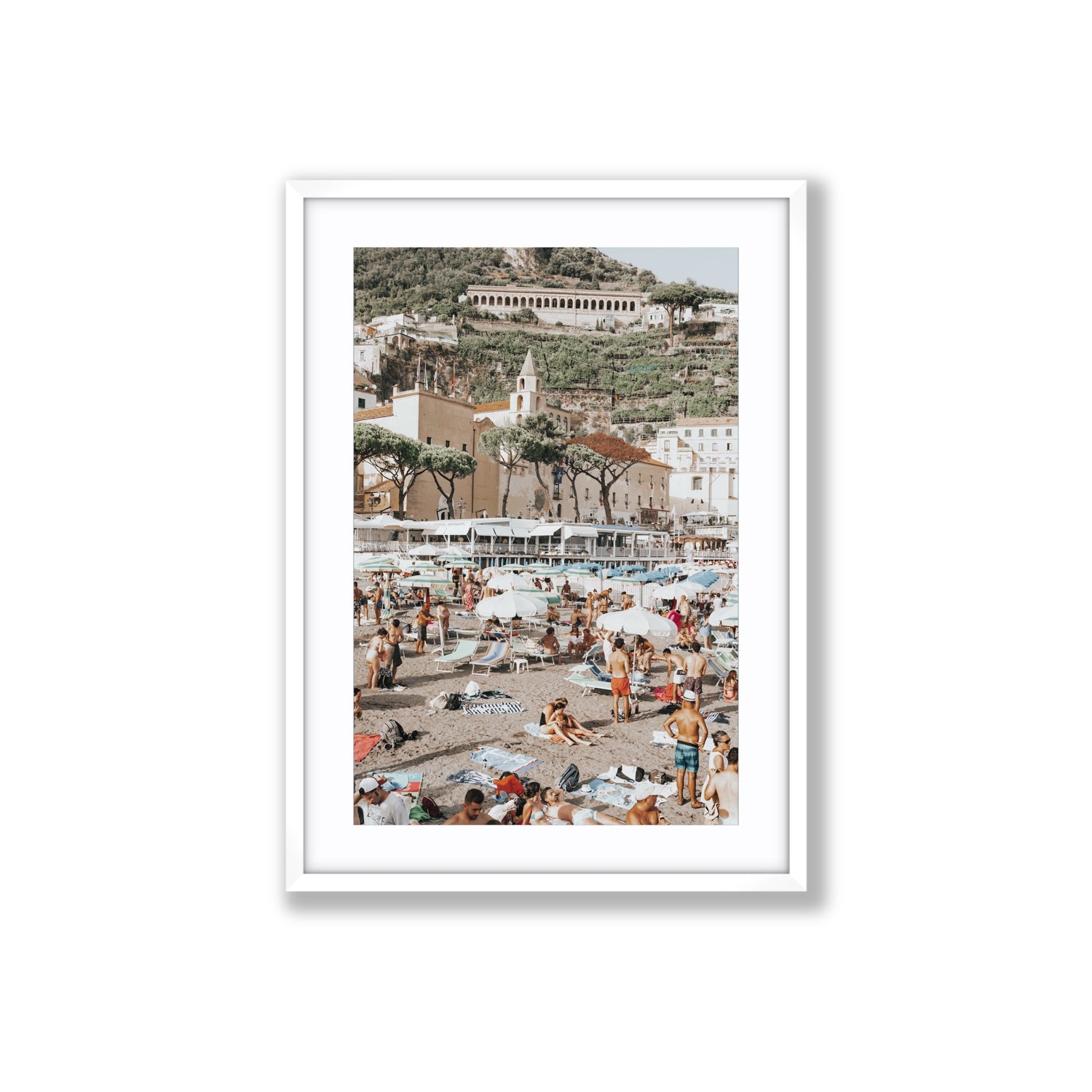 Festa In Spiaggia Amalfi coastal wall art Large fine art print in white frame with matboard