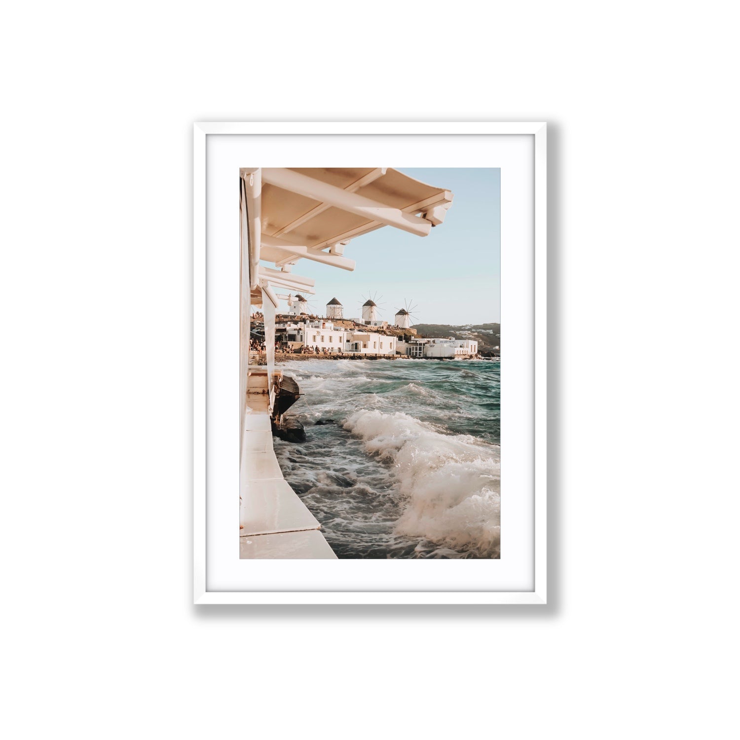 Windmills Mykonos Greek island wall art Large fine art print in white frame with matboard