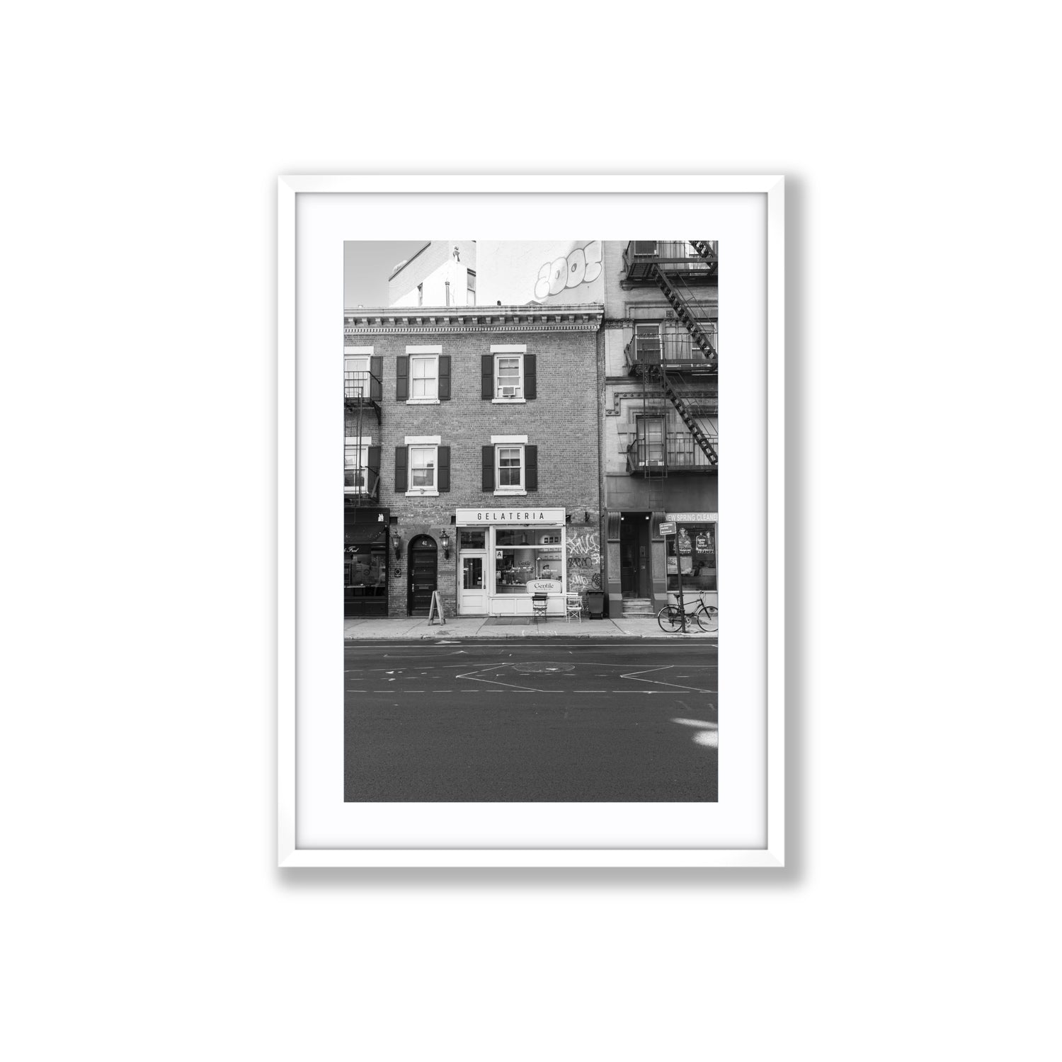 Gelateria New York NYC Black & White wall art Large fine art print in white frame with matboard