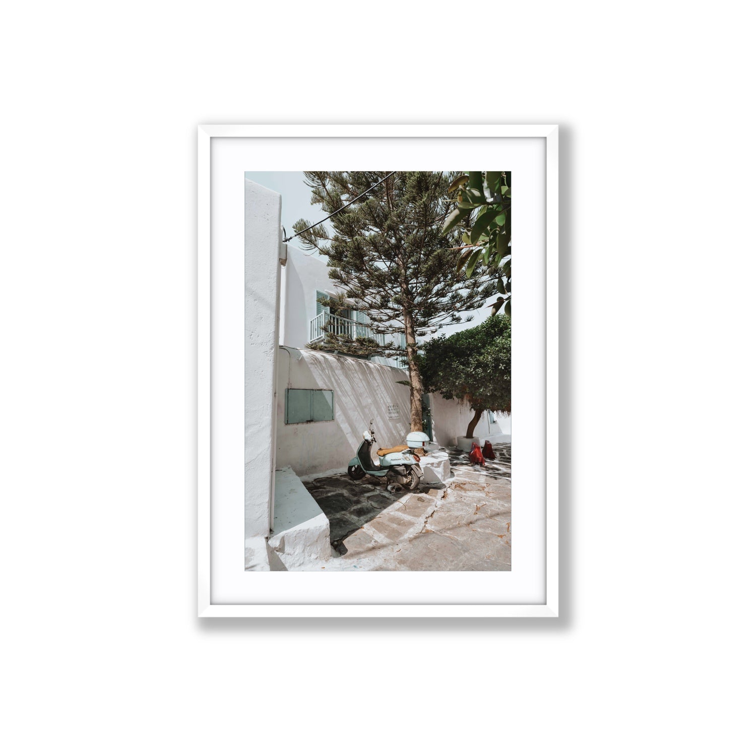 The Getaway Mykonos Mediterranean Greek island art print Large fine art print in white frame with matboard