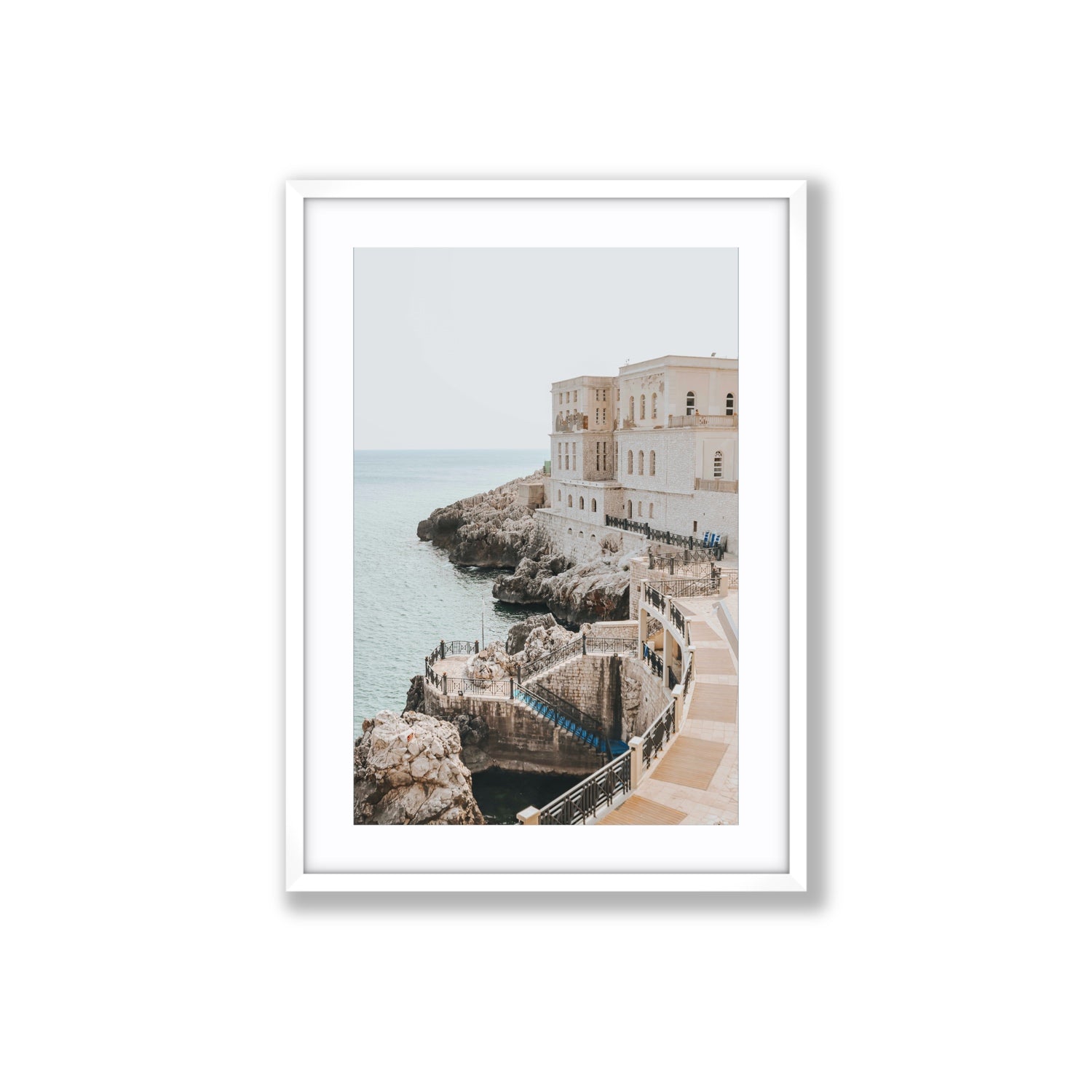 Santa Cesarea Puglia Italian coastal wall art Large fine art print in white frame with matboard
