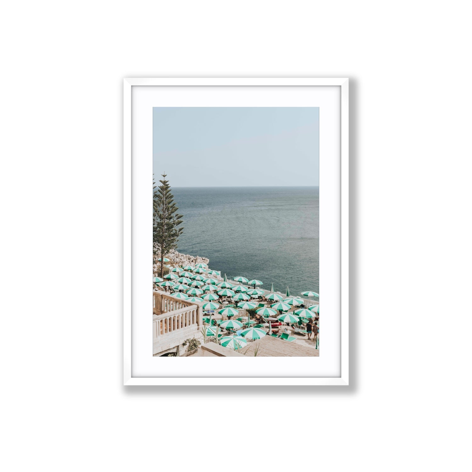 Sun-drenched Stripes Puglia beach coastal wall art Large fine art print in white frame with matboard