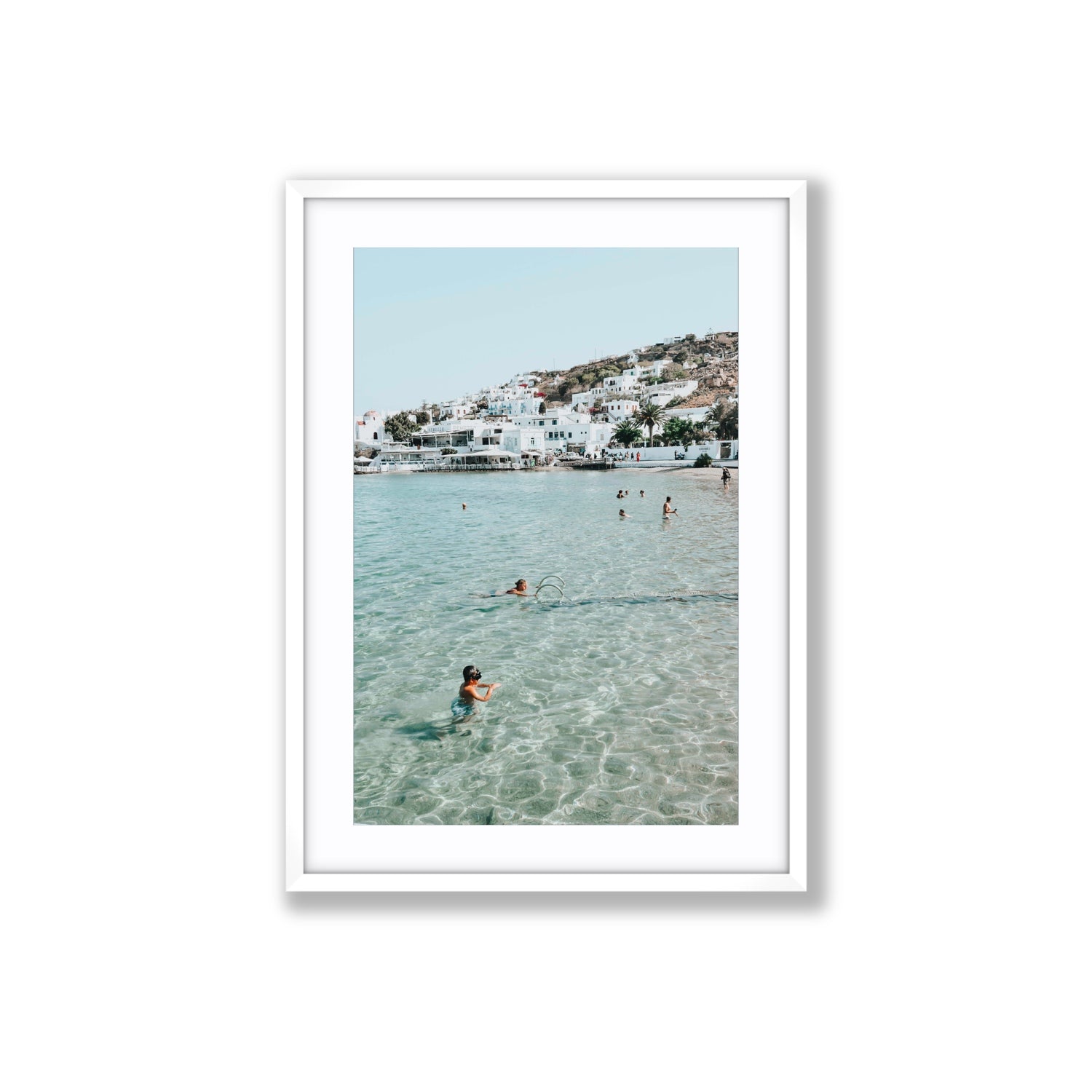 Beside The Seaside Mykonos beach Greek island wall art Large fine art print in white frame with matboard