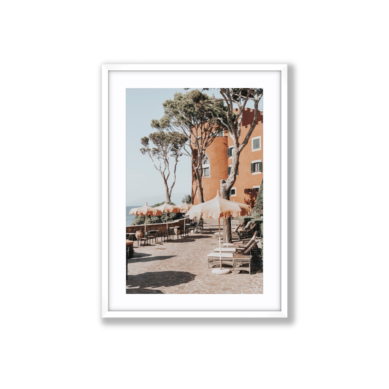 Mezzatorre Ischia Italian Mediterranean decor wall art Large fine art print in white frame with matboard